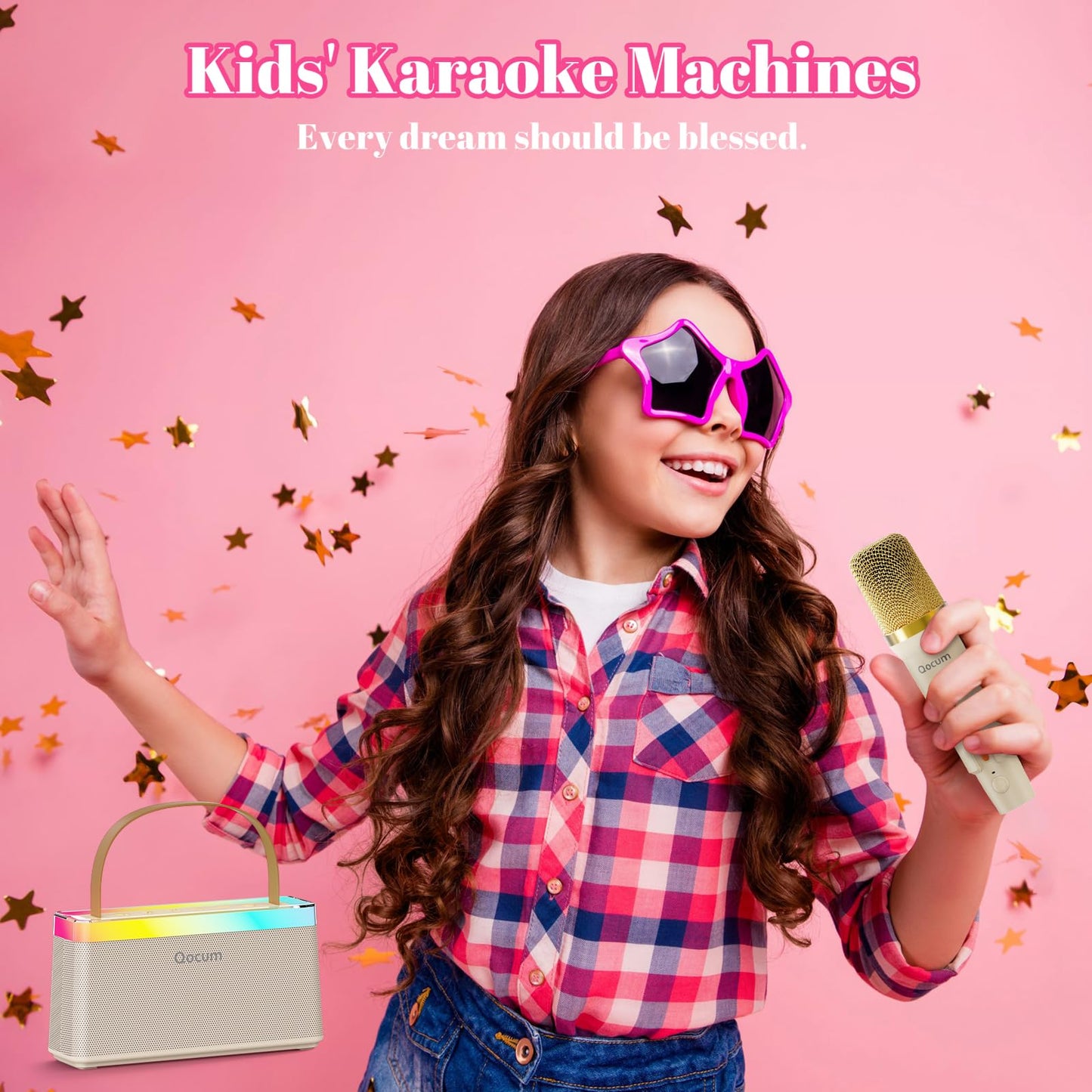Qocum Karaoke Machine for Kids, Mini Karaoke Machine with 2 Wireless Microphones, Dual Speakers, RGB Dance Light, Voice Changer, TWS Mode, Perfect as Birthday Toy Gift for Kids Aged 4-12