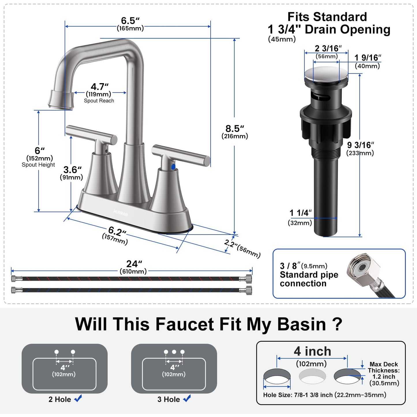 Bathroom Sink Faucet, Hurran 4 inch Brushed Nickel Bathroom Faucets for Sink 3 Hole with Pop-up Drain and Supply Lines, Stainless Steel 2-Handle Centerset Faucet for Bathroom Sink Vanity RV Restroom