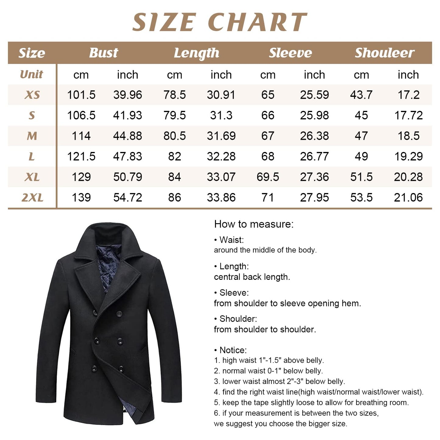 chouyatou Men's Classic Notched Collar Double Breasted Wool Blend Pea Coat (Medium, Black)