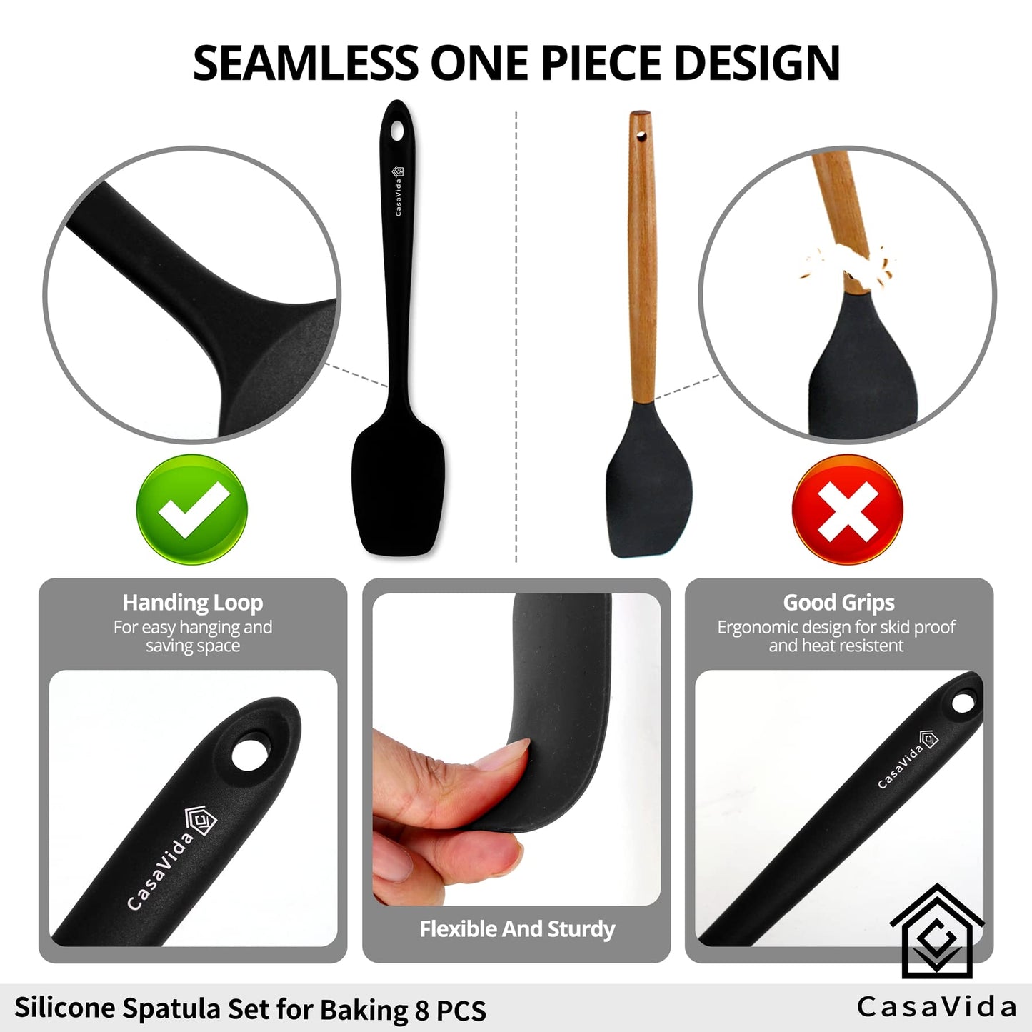 CasaVida Silicone Spatula Set One-piece Seamless High Heat Resistant Non Stick Bakery Spatula Flexible BPA Free Dishwasher Safe Kitchen Utensils Bakeware Cookware Cooking Baking Mixing Black 8pcs