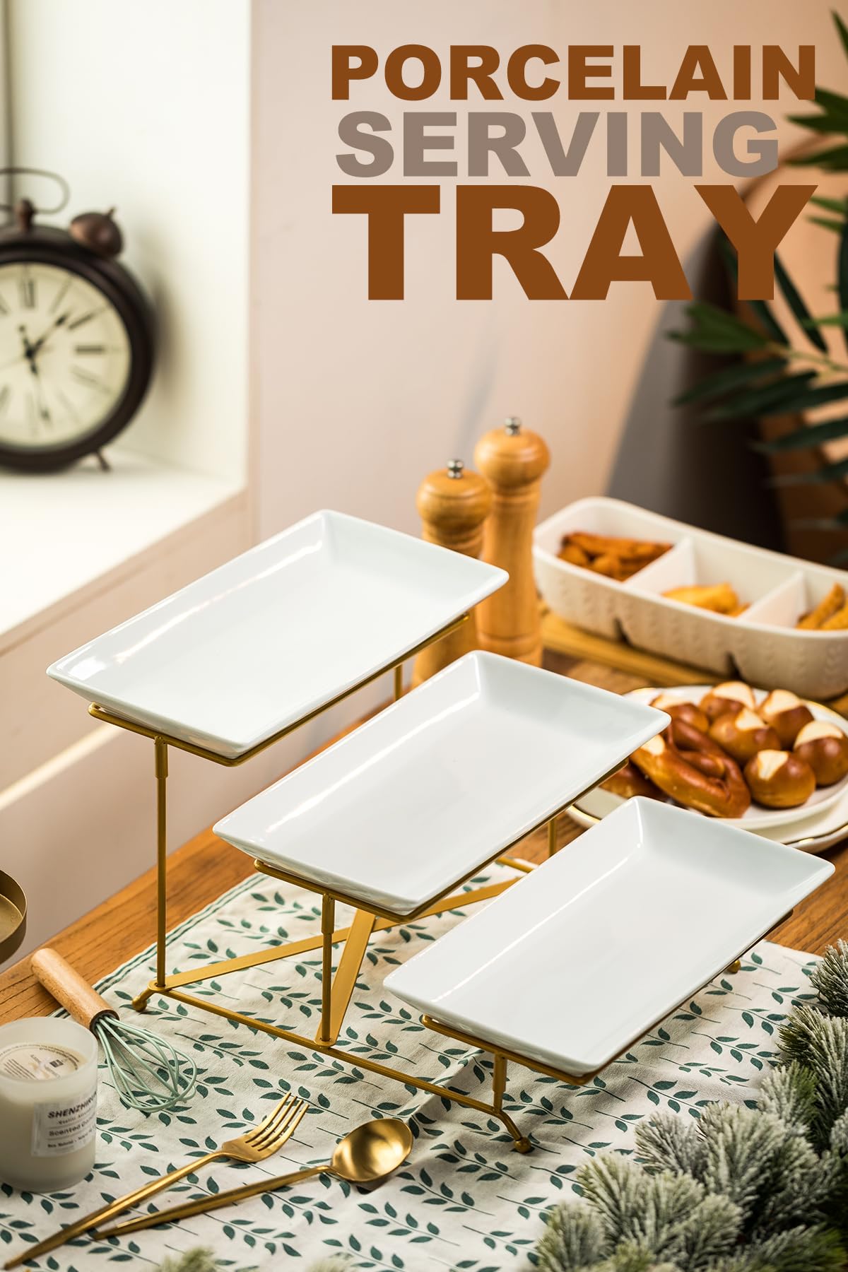 LAUCHUH 3 Tier Serving Stand Porcelain Serving Platter Tier Serving Trays with Collapsible Sturdier Rack, Serving Dishes and Platters for Father's Day, Christmas, Entertaining, Gold, 12 Inch