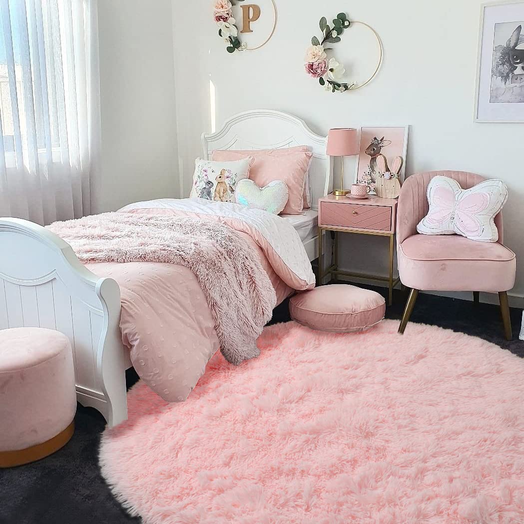 Pink Fluffy Round Rug for Kids Room Decor