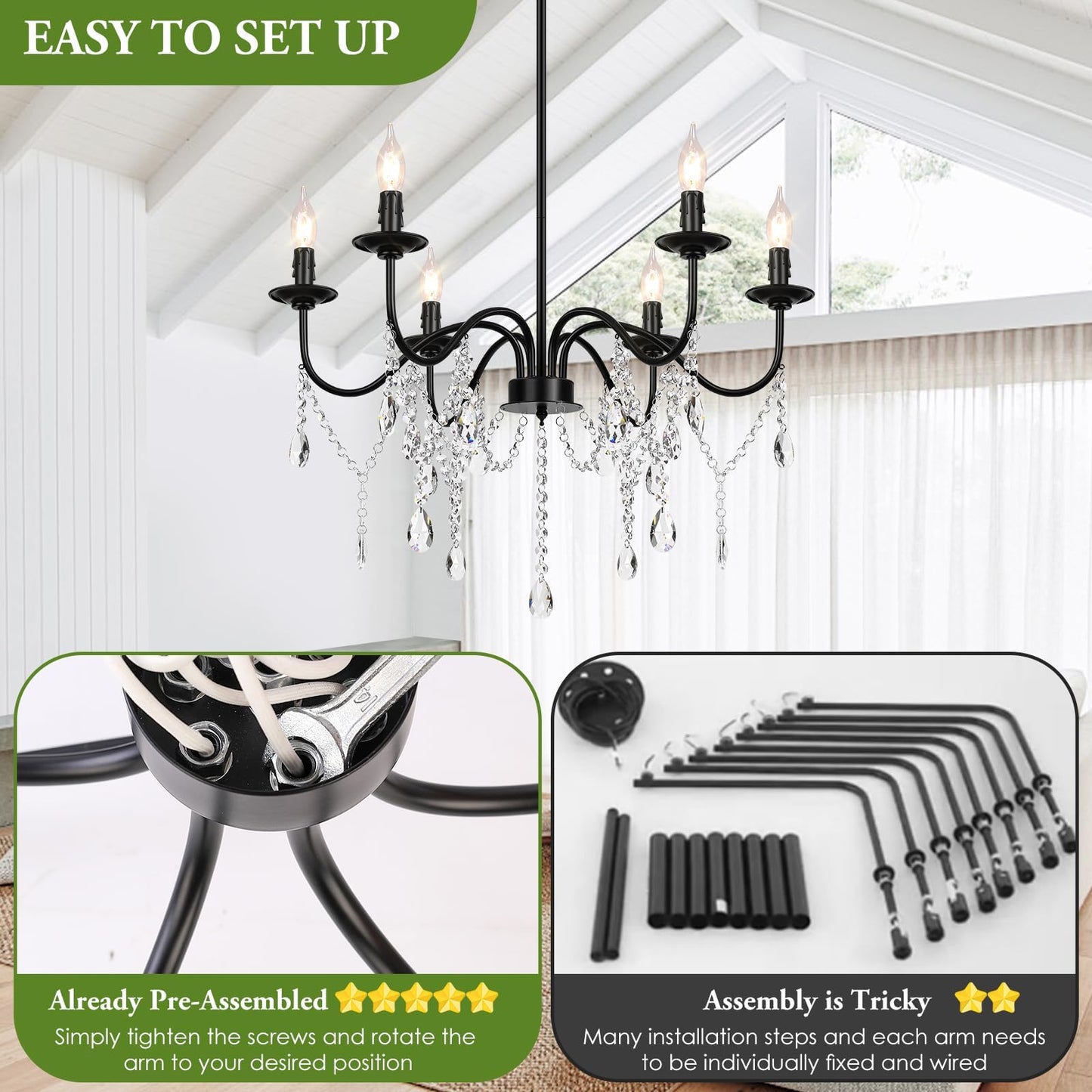 6-Light Farmhouse Crystal Chandelier for Home