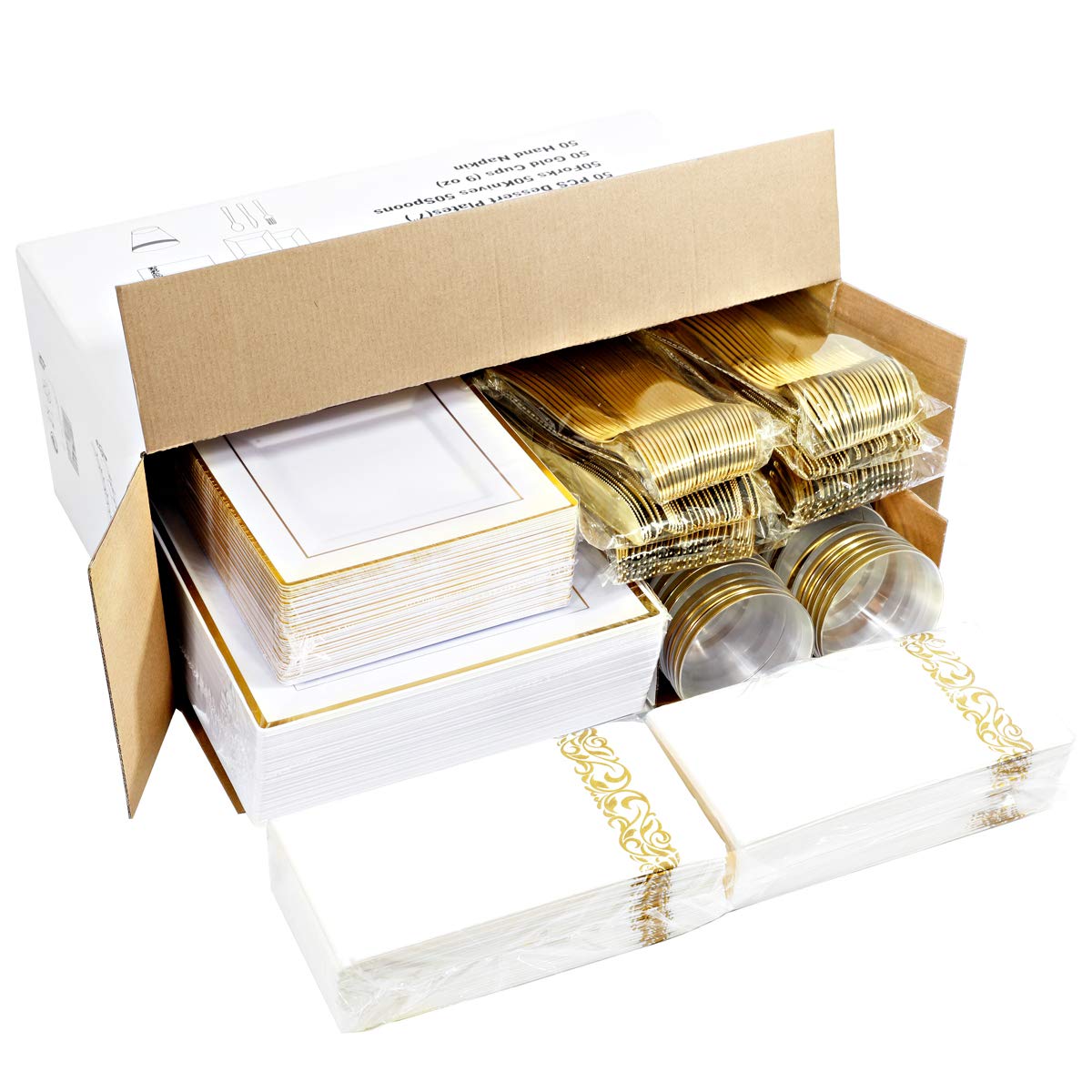 50 Guest Gold Disposable Plates and Utensils Set