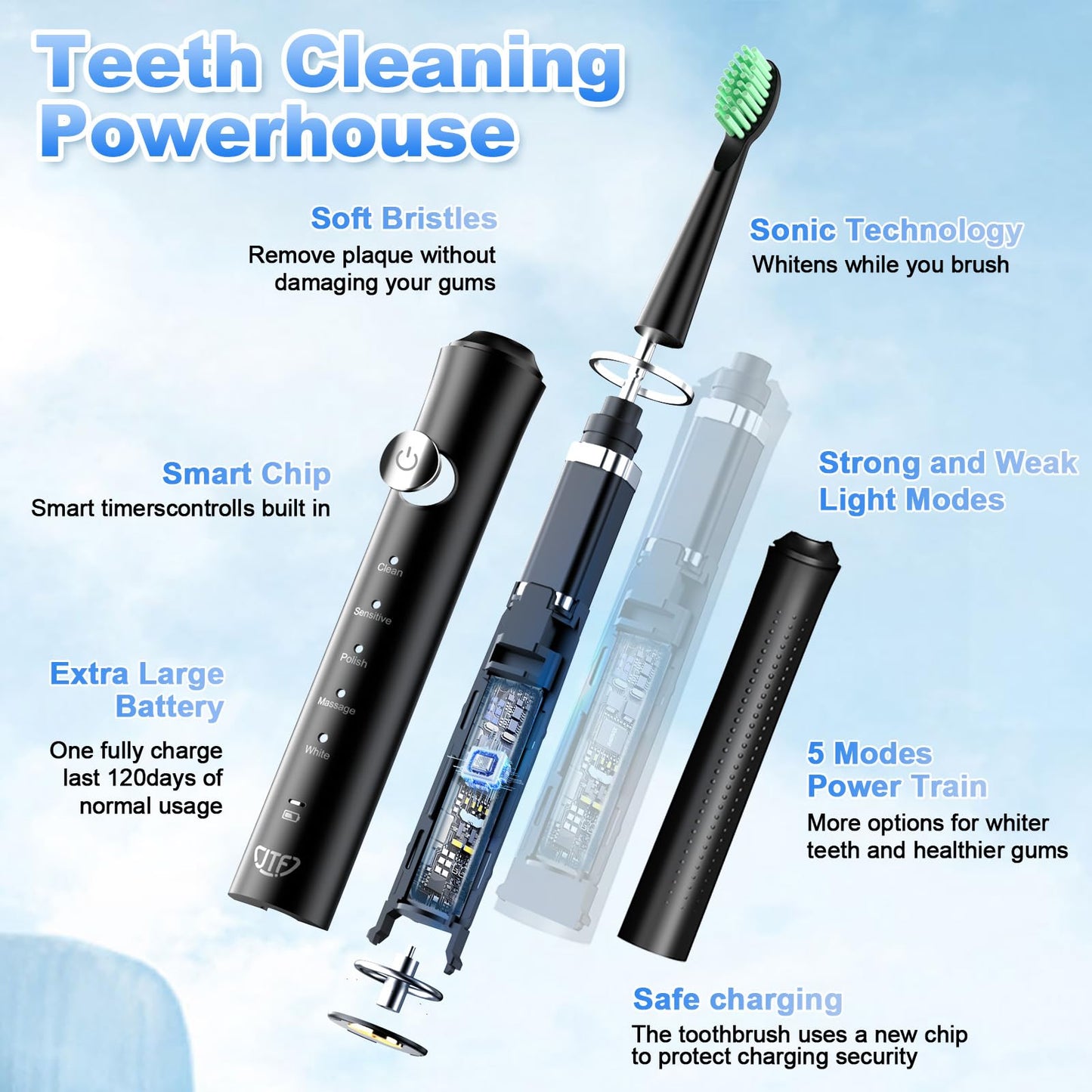 Electric Toothbrush with 6 Brush Heads and Timer