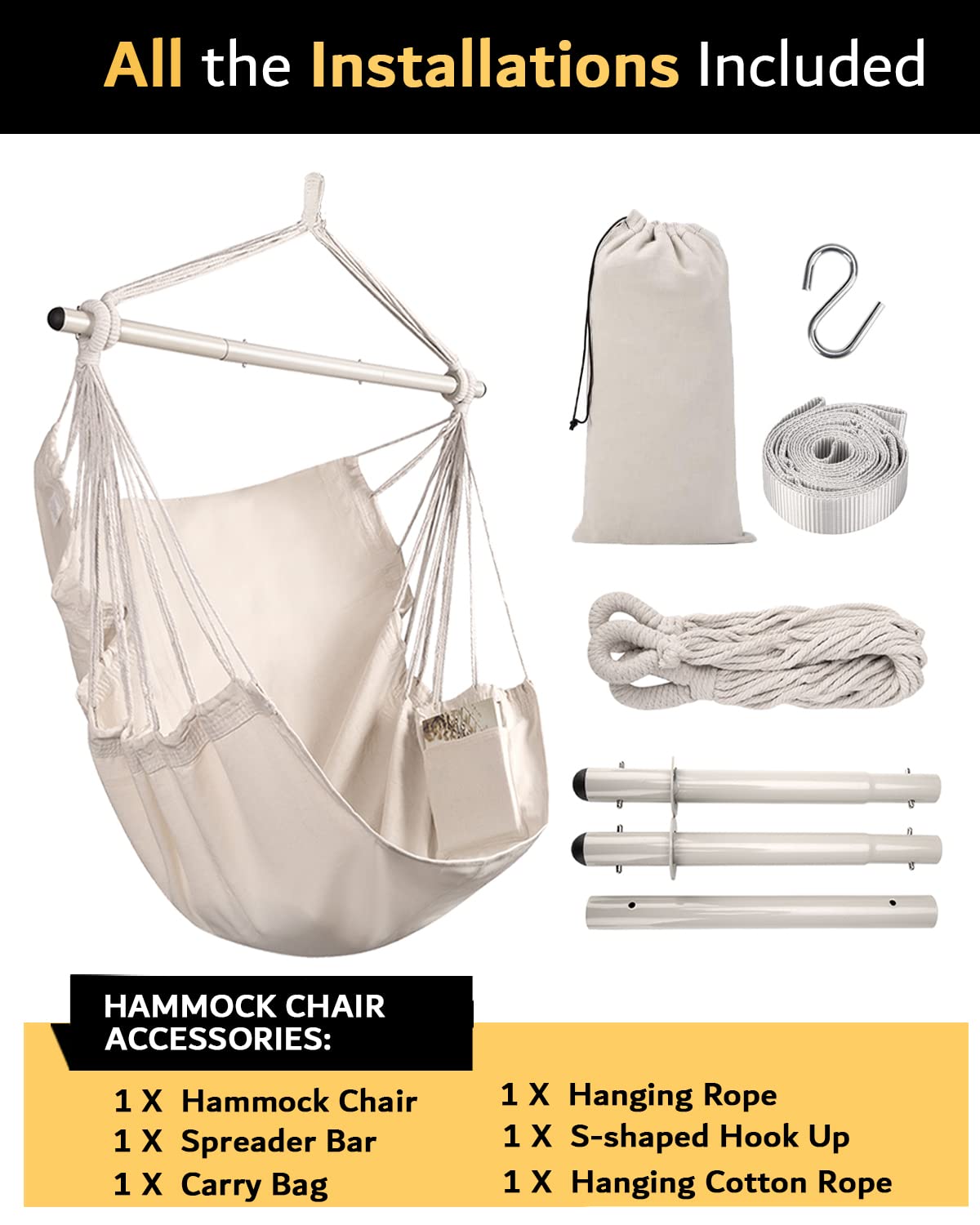 Lulladle Hammock Chair Hanging Rope Swing - Hammock Chair Bedrooms - Swing Chair Indoor - Hanging Chair Outdoor - Max Weight 500 Lbs