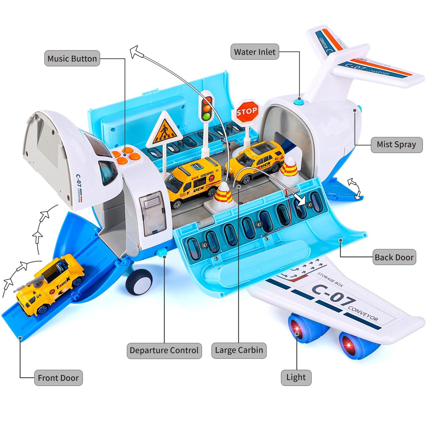 Bennol Spray Airplane Toys for Boys, Large Transport Cargo Airplane with 6 Construction Vehicle 10 Road Signs 1 Play Mat with Lights Sounds, Christmas Birthday Gifts for 3 4 5 6 7 8 Year Olds Boys