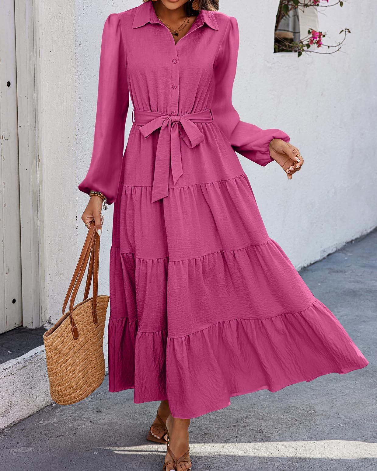 dowerme Women's Long Sleeve Dress 2025 Button Down Belted A-Line Flowy Fall Outfits Ruffle Maxi Holiday Party Dresses(Rose Red,XX-Large)