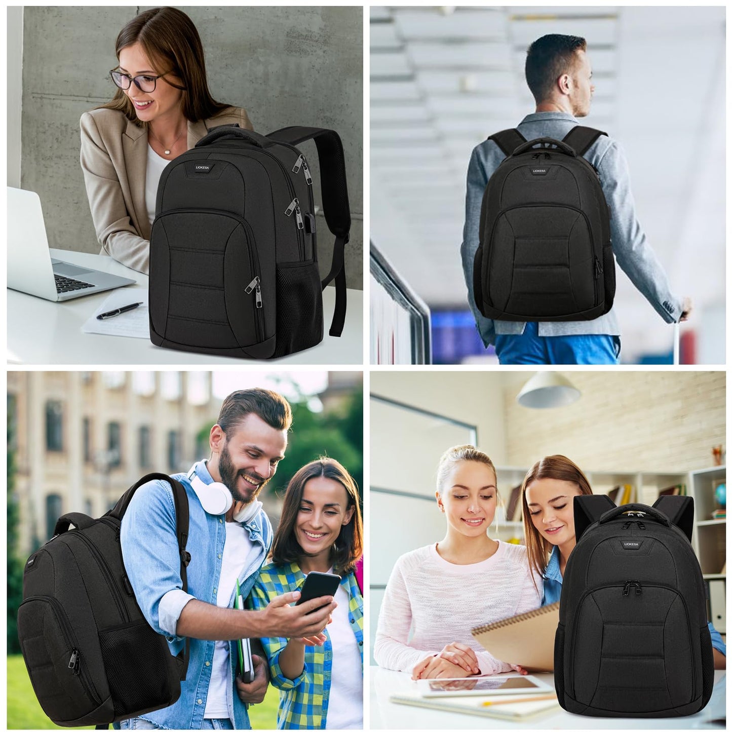 Liokesa Laptop Backpack for Men Women, School Backpacks for Teen Boys Girls, Black Backpack with USB Charging Port, 15.6 Inch Water Resistant College Bookbag Daypack