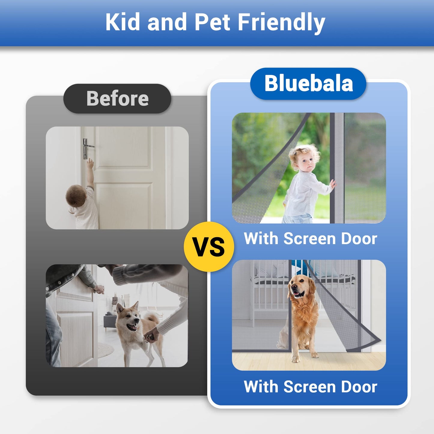 Fiberglass Magnetic Screen Door Mesh - Heavy Duty Magic Door Screen Closure with Magnets for Sliding, Patio, French, Front and Back Door, Kid and Pet Friendly, Easy Install