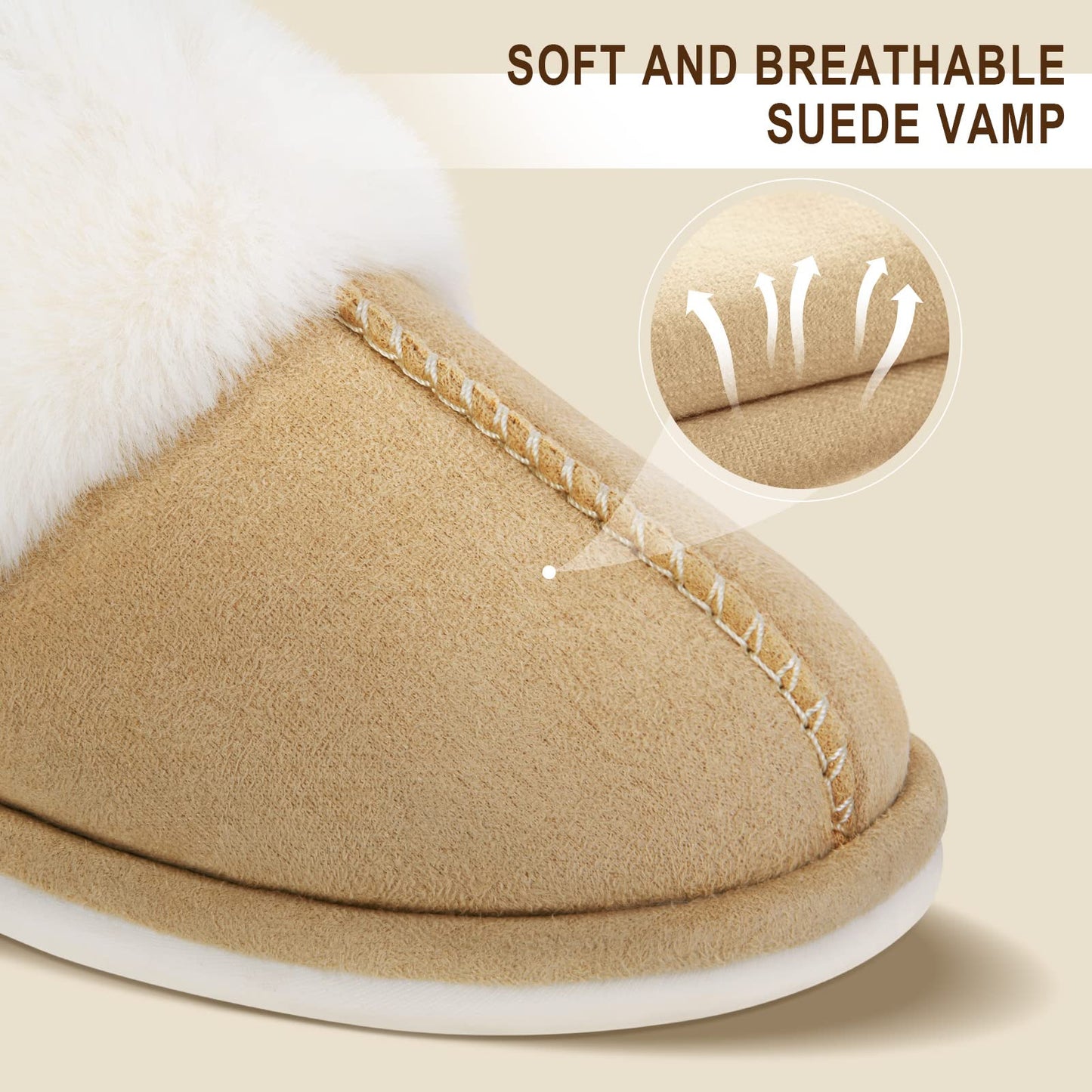 Parlovable Women's Slippers Fuzzy Warm Comfy Faux Fur Slip-on Fluffy Bedroom House Shoes Memory Foam Suede Cozy Plush Breathable Anti-Slip Indoor & Outdoor Winter Beige 9-10