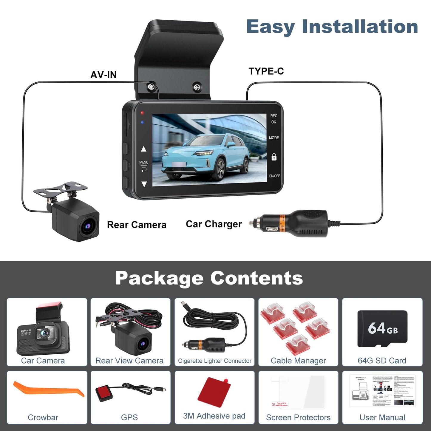 4K Dash Cam Front and Rear with Night Vision