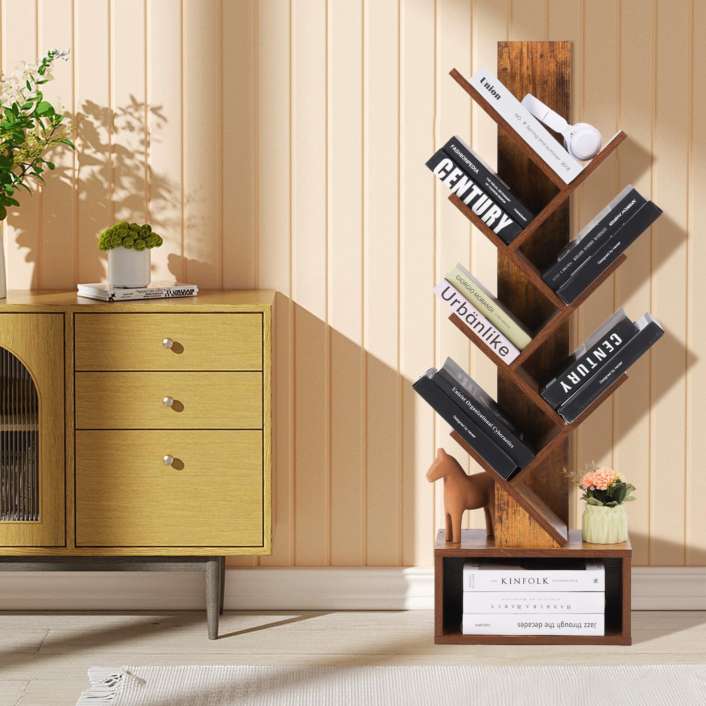 COSYSUPER Tree Bookshelf - 6 Shelf Retro Floor Standing Bookcase, Tall Wood Book Storage Rack for CDs/Movies/Books, Utility Book Organizer Shelves for Bedroom, Living Room, Home Office Rustic Brown