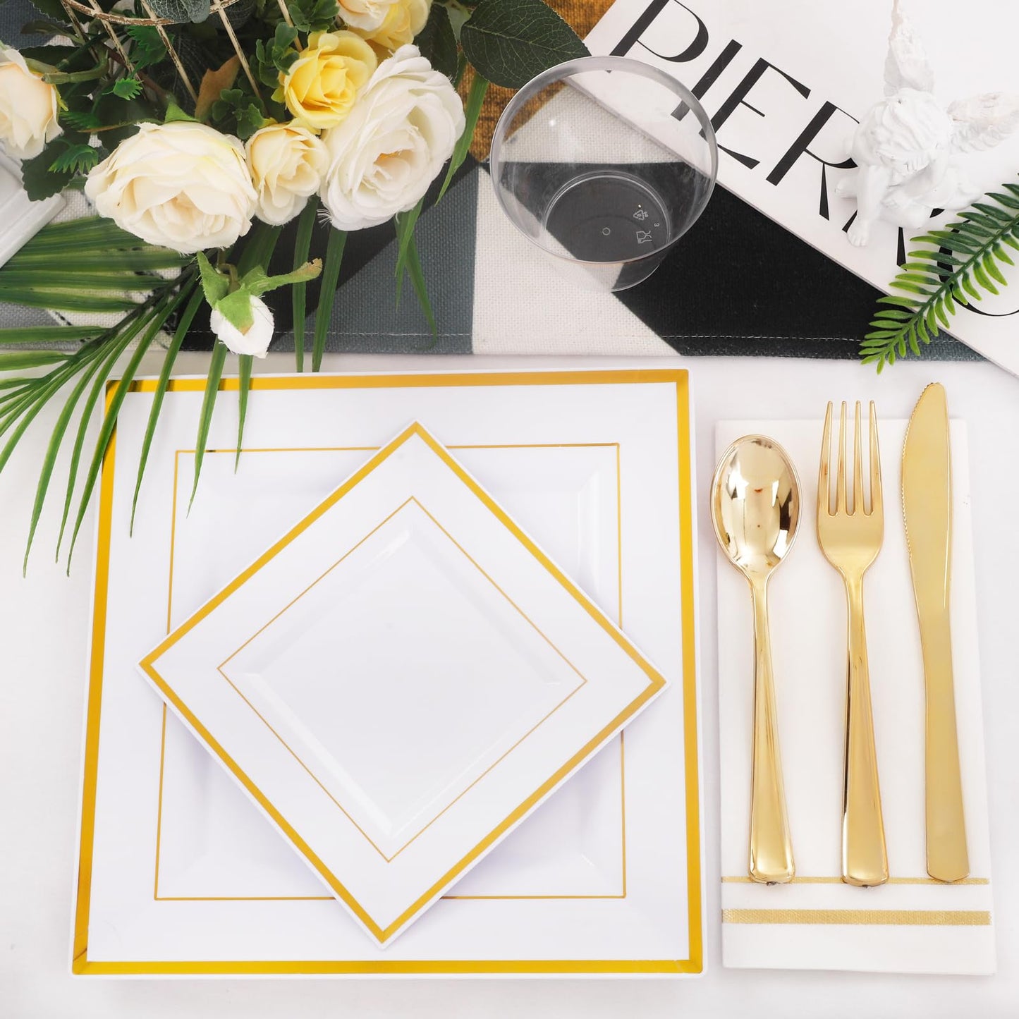Festiva 176Pcs Gold Plates Disposable - Square Party Plates and Cups and Napkins Sets :Dinner Plates, Dessert Plates,Cups,Plastic Cutlery,Hand Napkins 1Tablecloth for Party&Wedding&Christmas