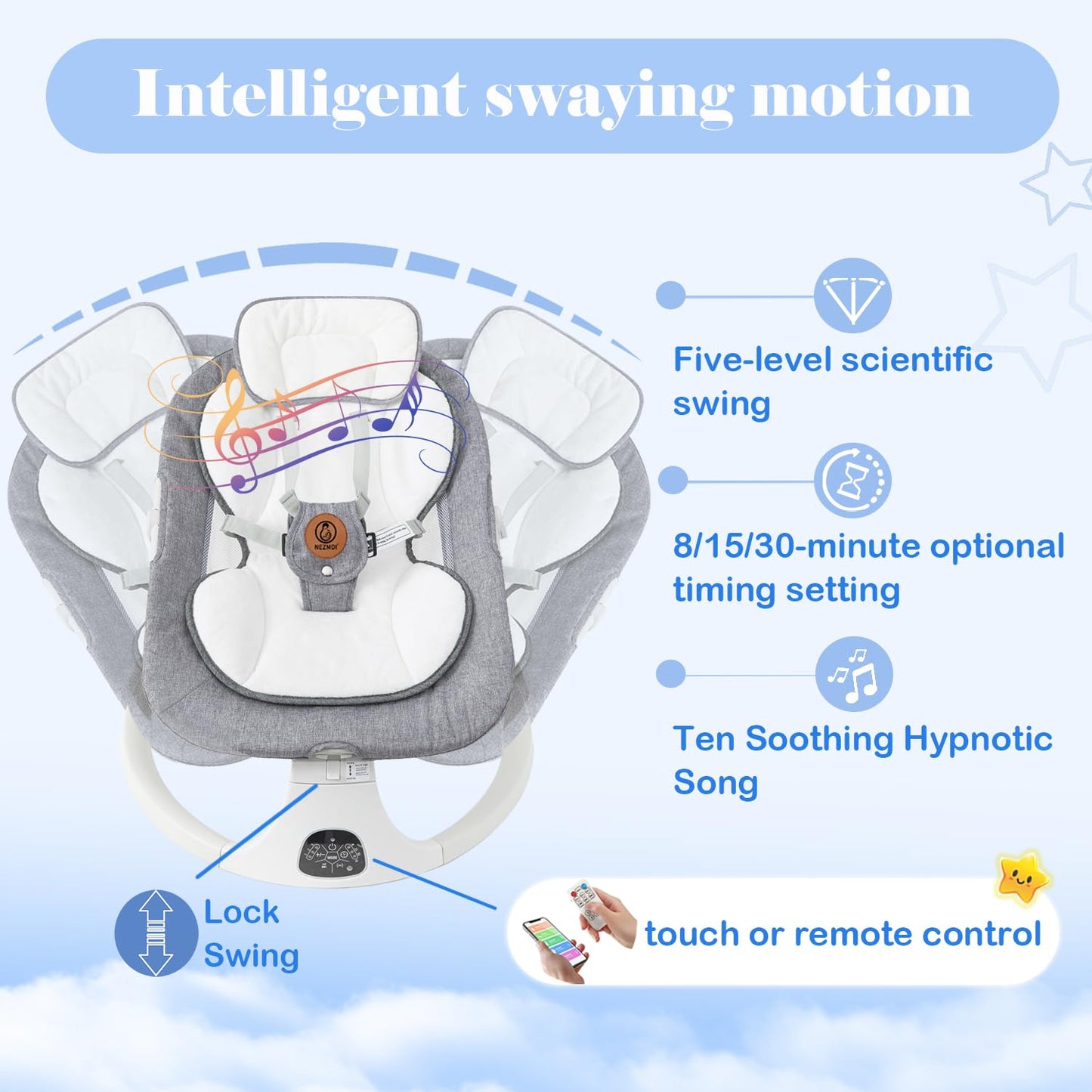 Baby Swing, Baby Bouncer, Electric Rocker for Infants to Toddler, Remote Control, 5 Levels Speed, 3 Seat Positions, Breathable Mesh, Adapter/Battery Operated, Indoor & Outdoor Portable Travel Gray