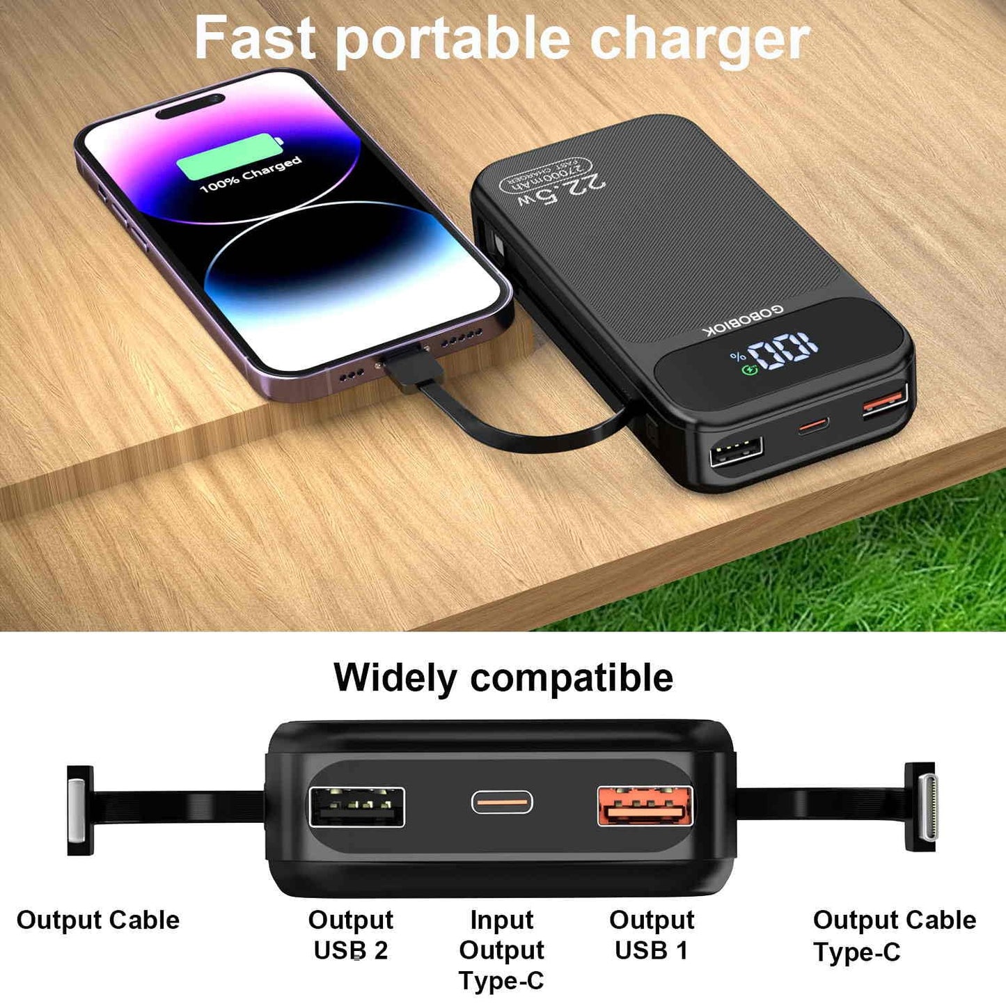 GOBOBIOK 27000mAh Portable Charger with Built-in Cables