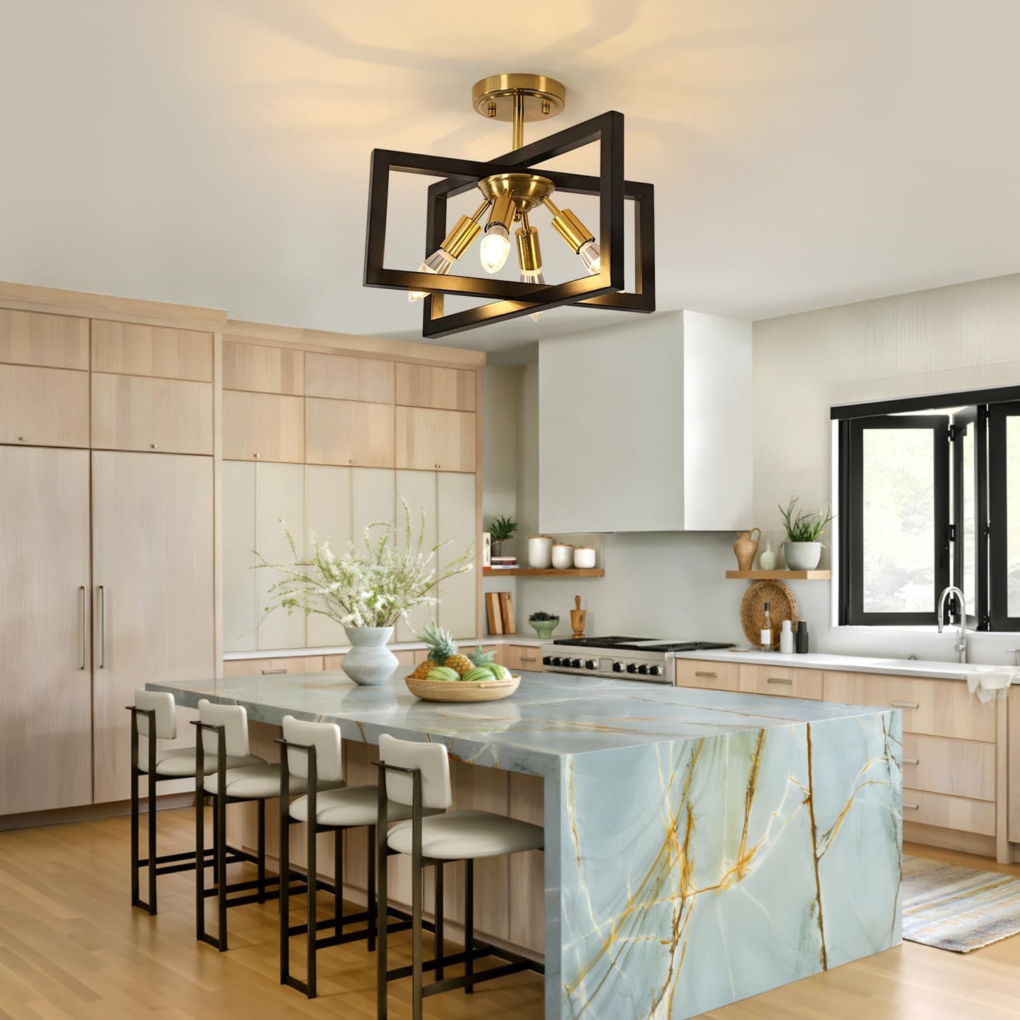 DELIPOP Semi Flush Mount Ceiling Light, 4-Light Gold Farmhouse Industrial Ceiling Light Fixtures with Black Square Metal Frame Close to Ceiling Light for Kitchen, Dining Room, Living Room, Bedroom