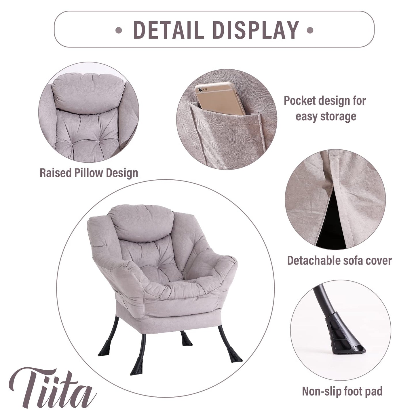 Tiita Lazy Chair with Ottoman, Modern Large Accent Lounge Chair, Leisure Sofa Armchair with Ottoman, Reading Chair with Footrest for Bedroom, Living Room, Dorm Rooms, Garden and Courtyard