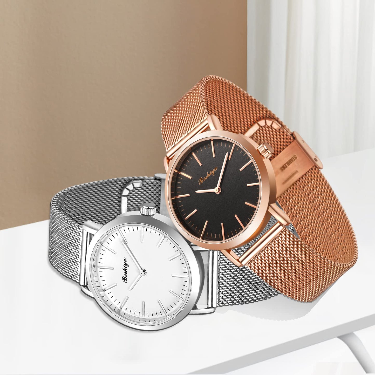 BOSHIYA Womens Stainless Steel Band Watch,Rose Gold Mesh Strap Elegant Dress Designer,Mesh Bracelet Ladies Wrist Watches Waterproof with Roman Timescale Dial
