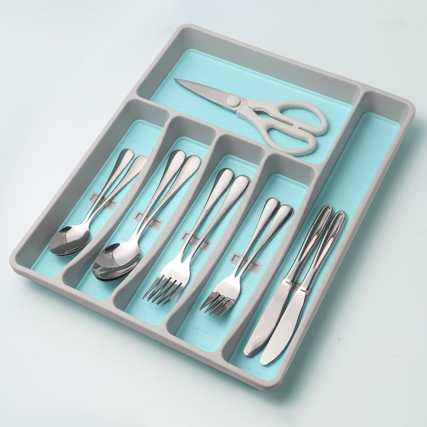 Joequality Silverware Organizer with Icons,Plastic Cutlery silverware Tray for Drawer,Utensil Tableware Flatware Organizer for Kitchen with Non-slip TPR,Fits Oversized Drawer,6-Compartment,Grey+Mint