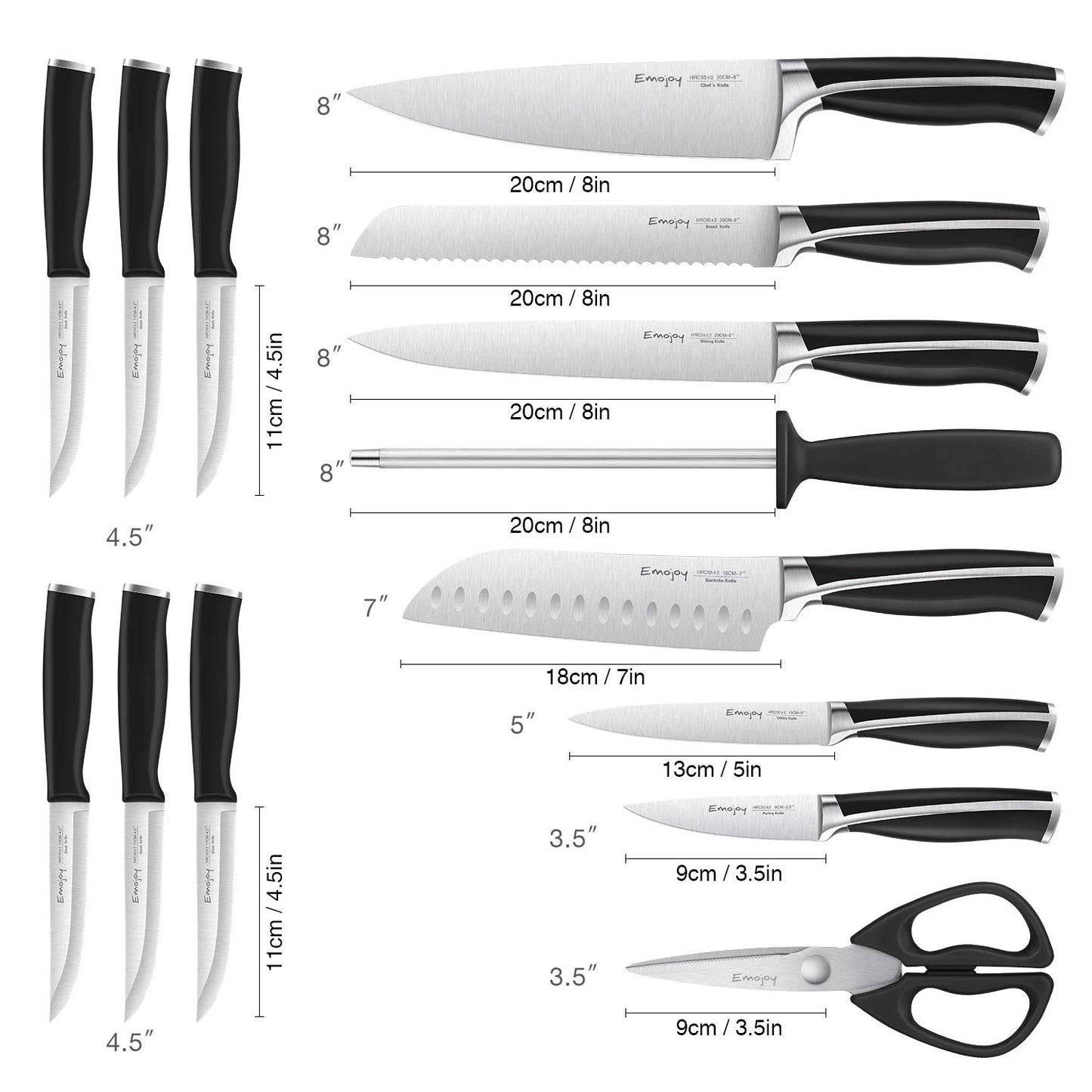 Knife Set, Emojoy 15 Piece Kitchen Set with Block Wooden, German Stainless Steel Sharp Chef Sharpener, Knives Black