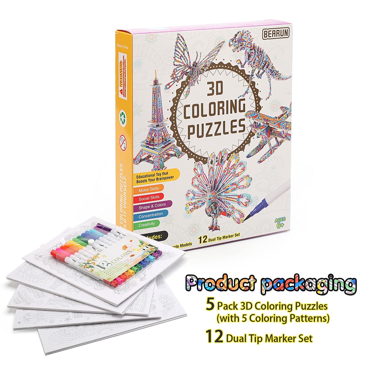 BEARUN 3D Coloring Puzzle Set, Arts and Crafts for Girls and Boys Age 6 7 8 9 10 11 12 Year Old, Fun Educational Painting Crafts Kit with Supplies for Kids, Birthday Toy Gift for Kids