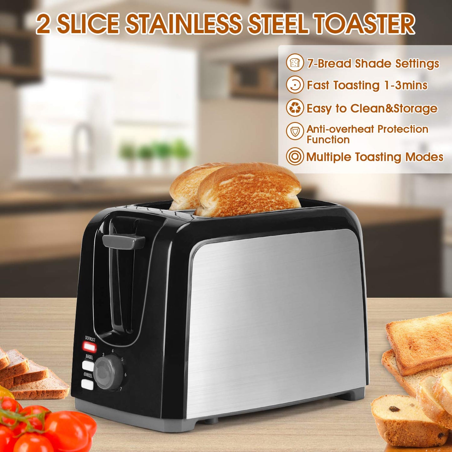 Toaster 2 Slice Stainless Steel Toaster Two Slice Toaster with Removable Crumb Tray Toaster Wide Slot Toasters 2 Slice Best Rated Prime with 7 Bread Shade Settings and Bagel, Defrost, Cancel Function