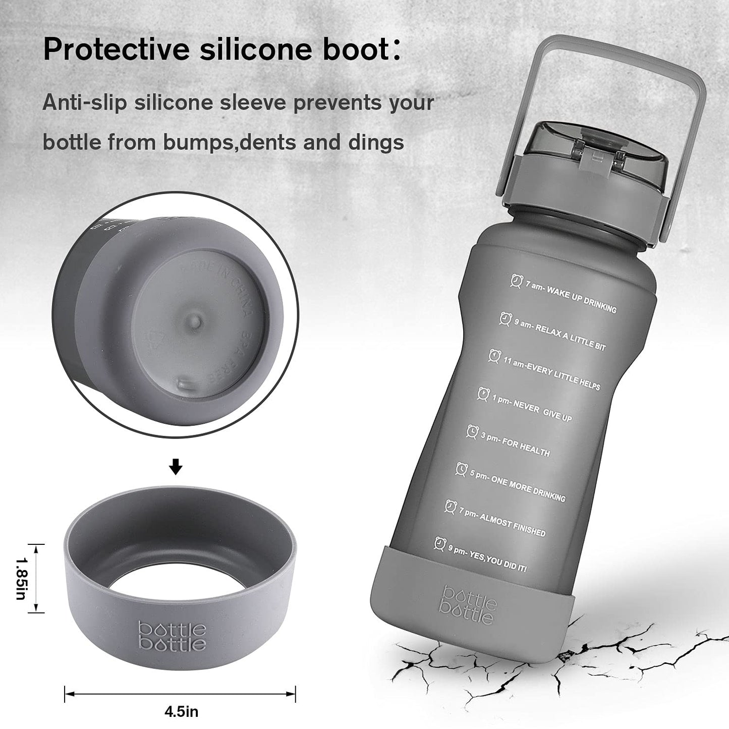 BOTTLE BOTTLE 64 OZ Gallon Motivational Water Bottle with Time Marker Straw & Protective Silicone Boot Workout Water Bottle for Adults and Kids Camping Half Gallon Water Jug (Gray)
