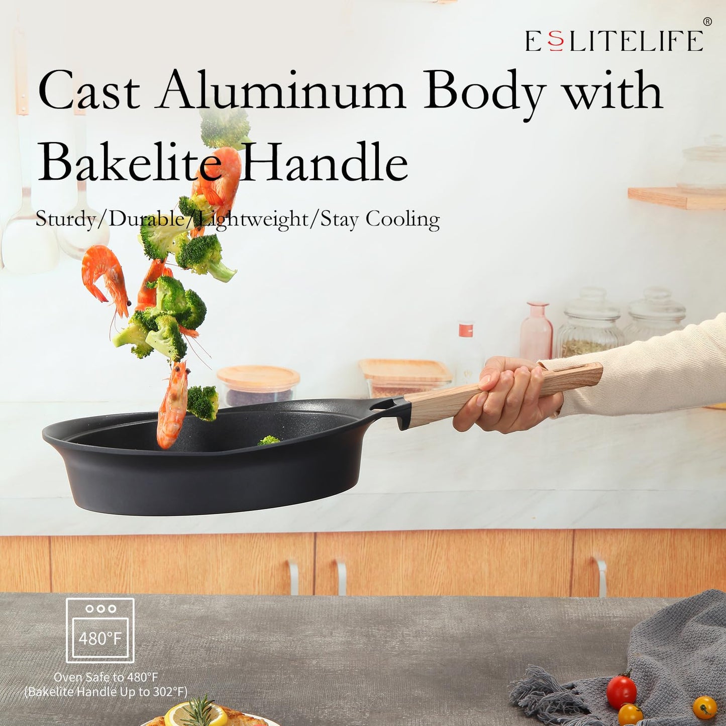 ESLITE LIFE Nonstick Deep Frying Pan Skillet with Lid, Healthy Granite Coating Egg Omelette Pan Stone Cookware Chef's Pan, PFOA Free(Black, 9.5 Inch)
