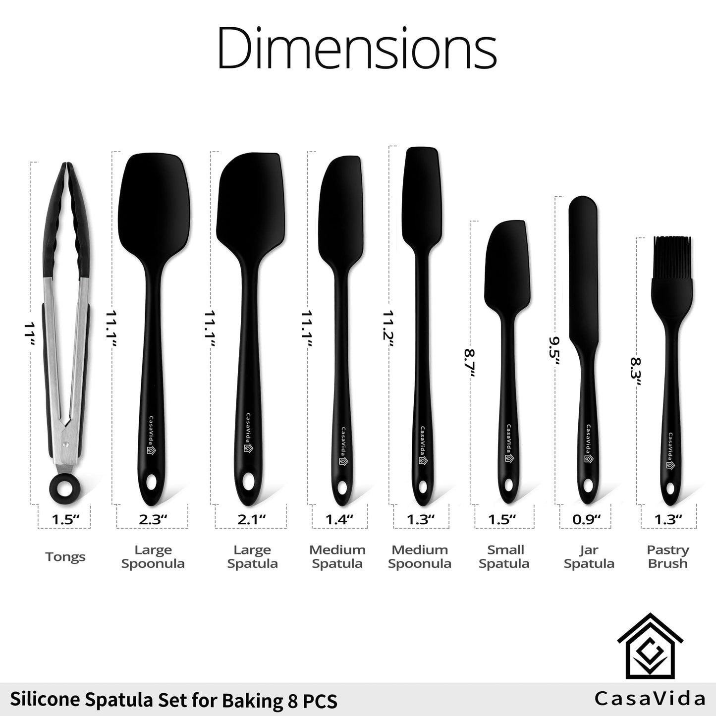 CasaVida Silicone Spatula Set One-piece Seamless High Heat Resistant Non Stick Bakery Spatula Flexible BPA Free Dishwasher Safe Kitchen Utensils Bakeware Cookware Cooking Baking Mixing Black 8pcs
