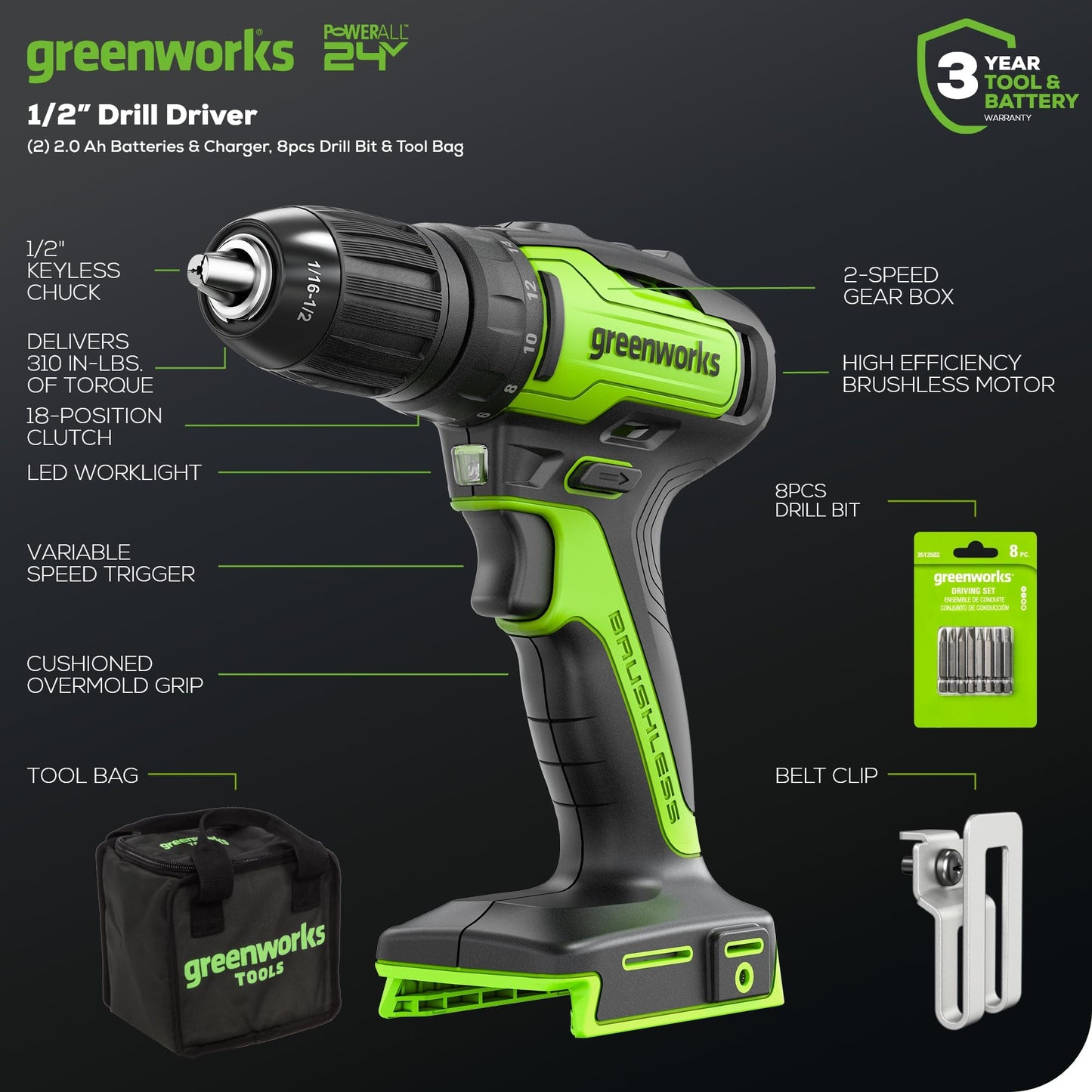 Greenworks Cordless Drill Kit with Batteries & Bits