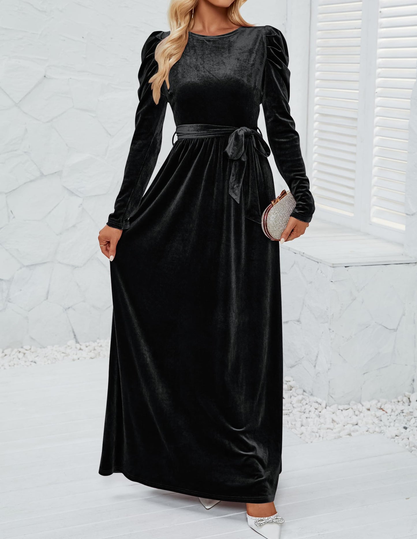 ZESICA Women's Velvet Maxi Dress with Puff Sleeves