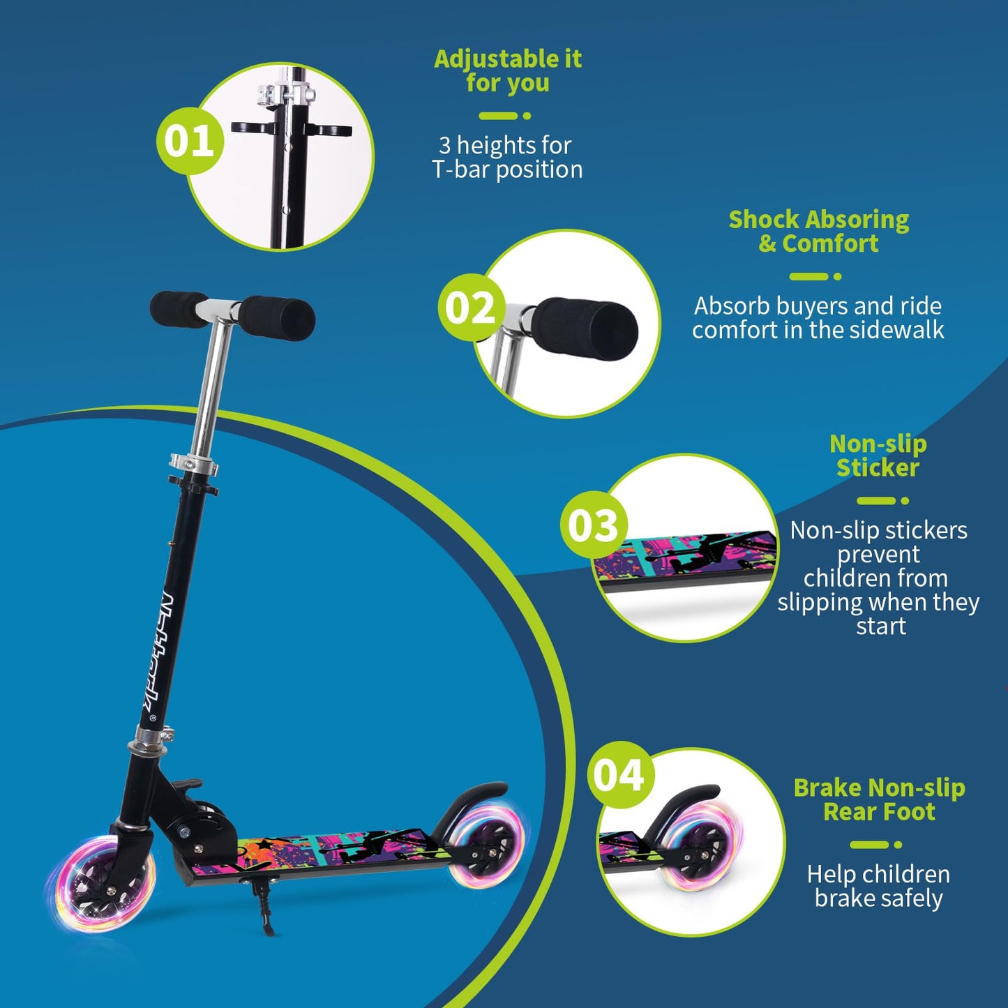 Kids Scooter with Light Up Wheels, Adjustable Height