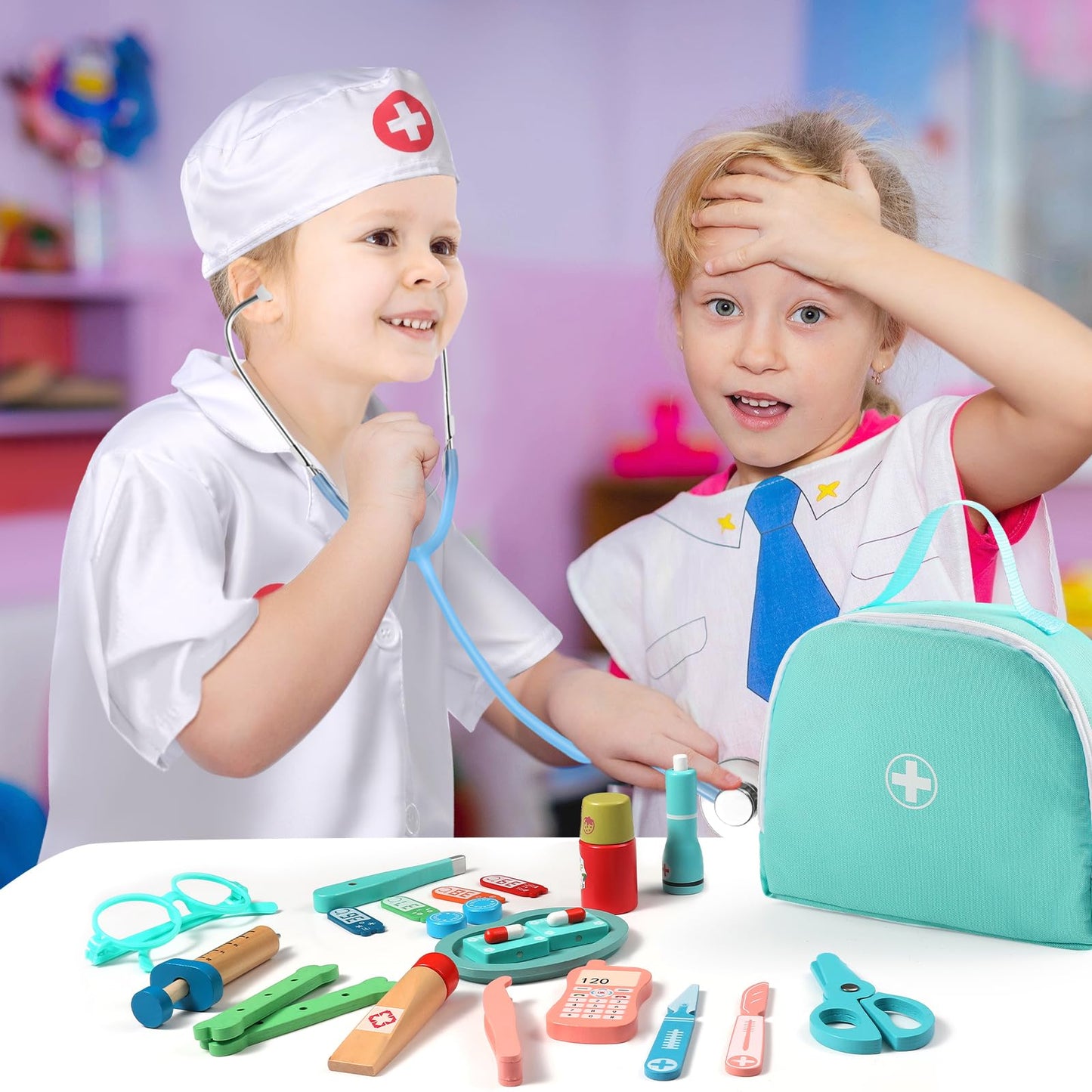 pataoli Doctor Kit for Kids,39 Pcs Pretend Play Doctor Set,Doctor kit for Toddlers 3-5 with Medical Bag,Stethoscope,Dress Up Costume and Wooden Accessories,Fun Role Playing Game
