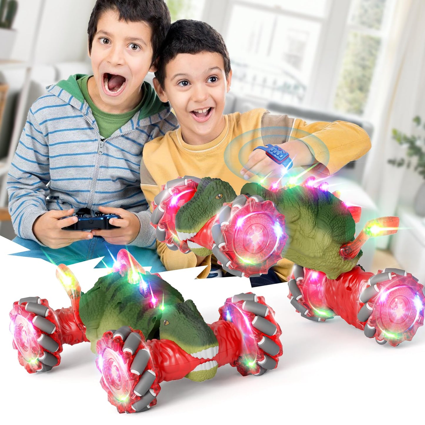 5 Dinosaur Remote Control Cars with Sounds & Lights