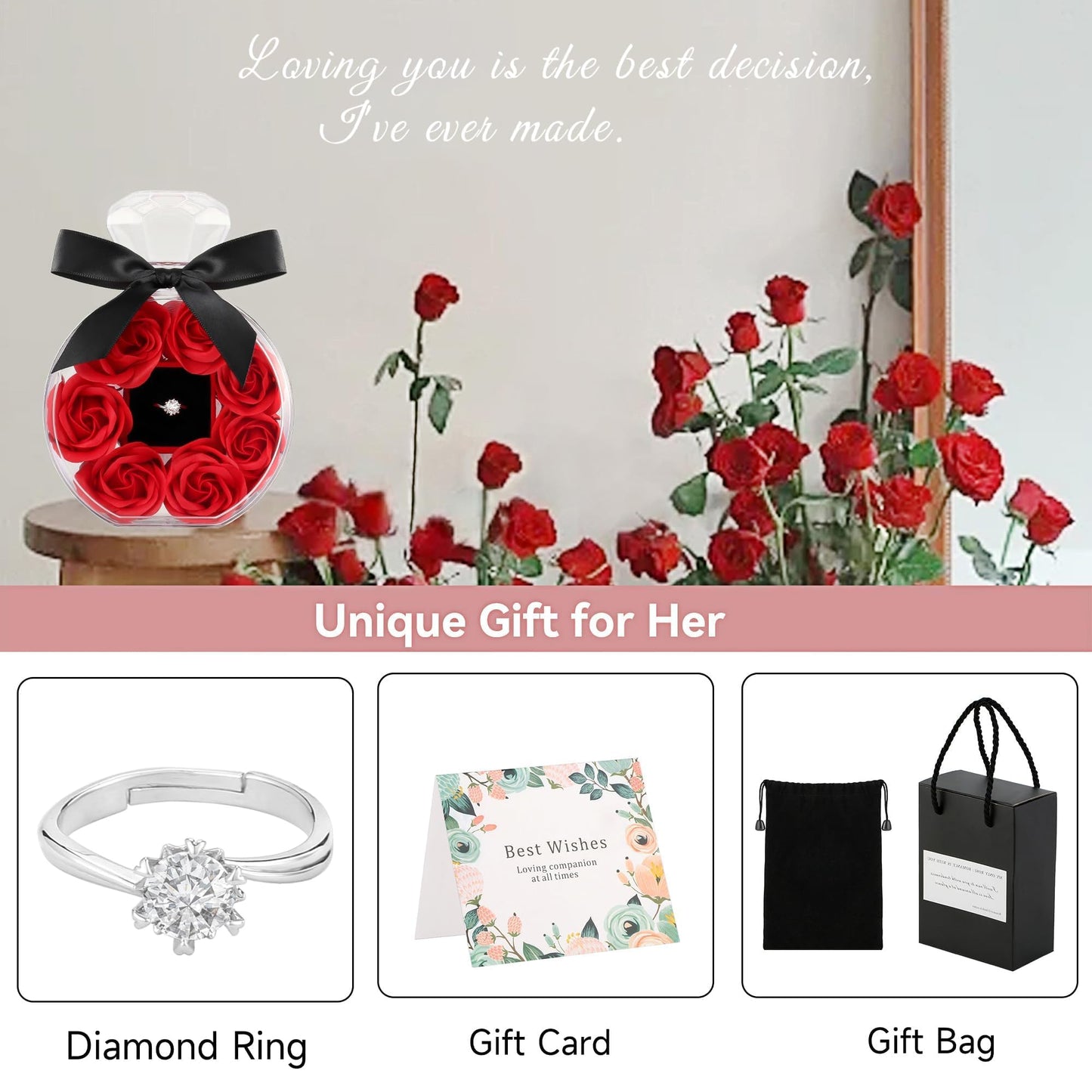 CECEIN Preserved Rose with Rings Gifts Birthstone Jewelry Artificial 7 Flower for Women Girlfriend Wife Mom Grandma Valentines Mothers Day Anniversary Birthday Unique Romantic Gifts