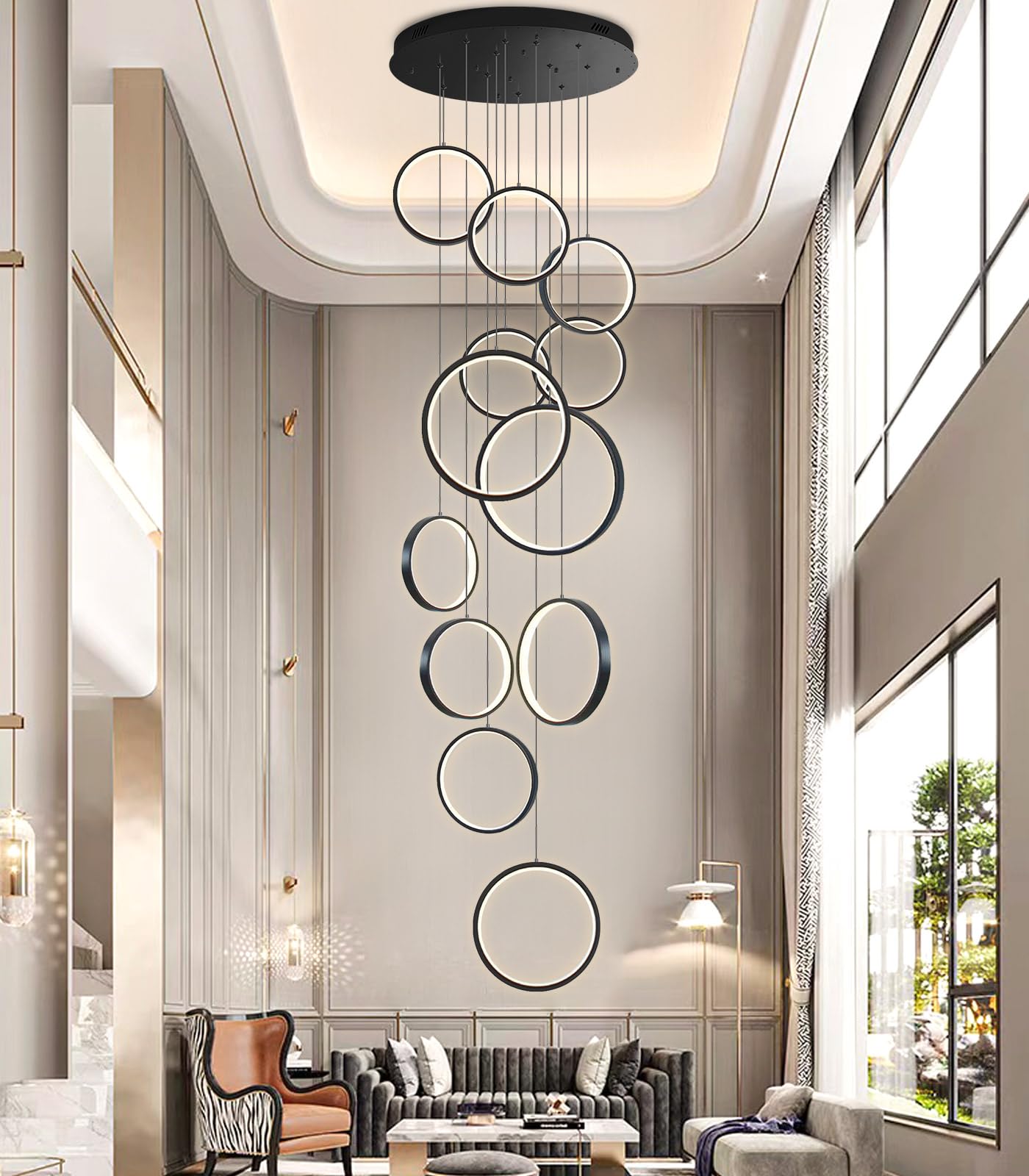 dolria Modern 12 Rings Chandeliers for Entrance LED Lights Living Room Light Chandeliers Flush Mount Ceiling Pendant Lighting 2700K 6000K Dimmable Chandelier Stairwell Foyer Enterway
