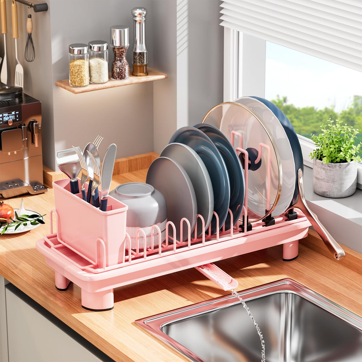 Compact Stainless Steel Dish Drying Rack with Utensil Holder