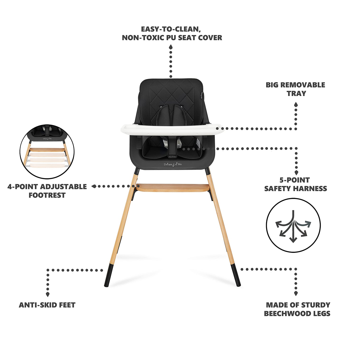 Dream On Me Nibble Wooden Compact High Chair in Black | Light Weight | Portable |Removable seat Cover I Adjustable Tray I Baby and Toddler