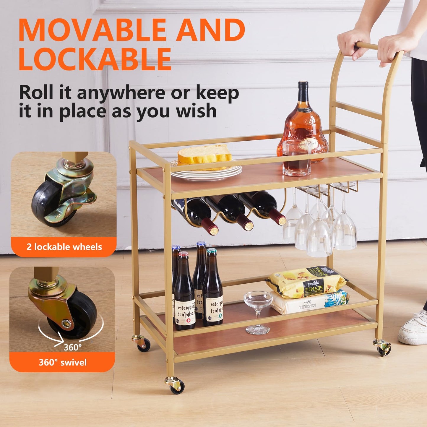 JBBCN Gold Bar Cart with Wheels, Home Bar Serving Cart with 2-Tier Wooden Shelves, Wine Racks, Glass Holders for Kitchen, Dining Room, and Party, Rolling Beverage Car