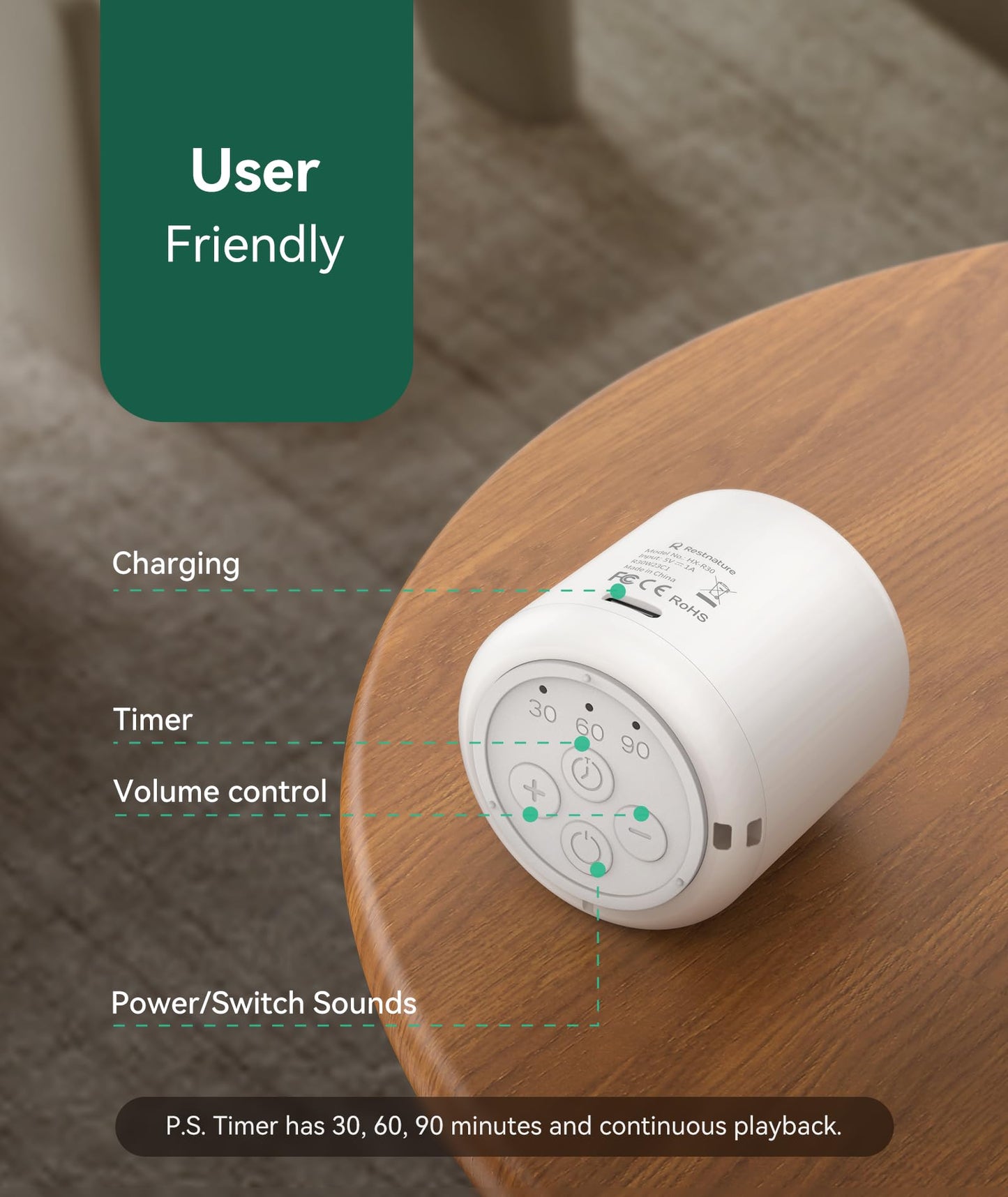 Restnature White Noise Sound Machine - Portable Sound Machine for Sleep, Travel Sound Machine for Baby Adults, 16 Nature Sound, Timer, White Noise Machine for Sleeping Office Privacy Home Gift