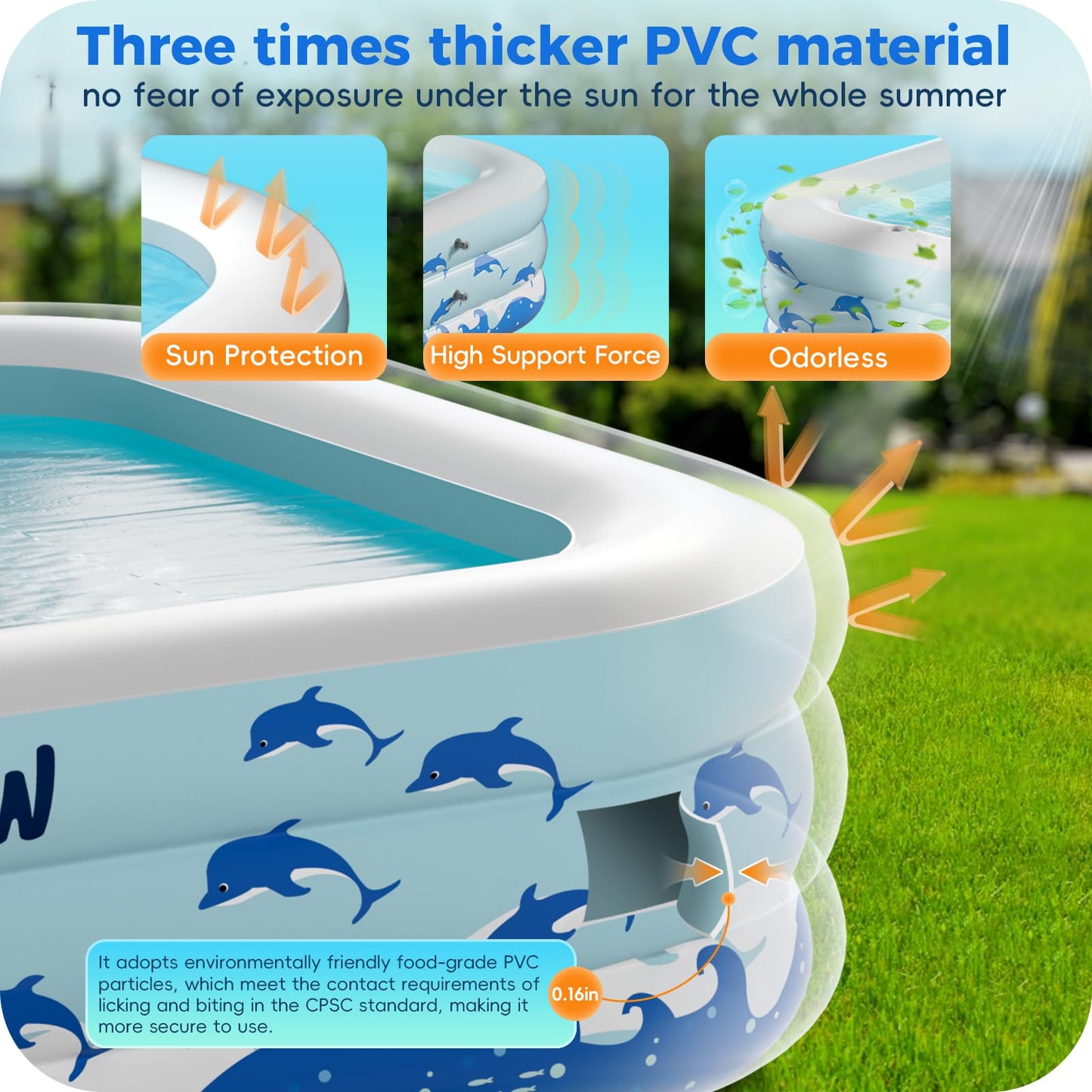 Inflatable Swimming Pool with Seats, 130" x 72" x 22" Full-Sized Durable PVC Thickened Above Ground Family Blow Up Pool for Outdoor Summer Water Party Backyard Garden Lawn
