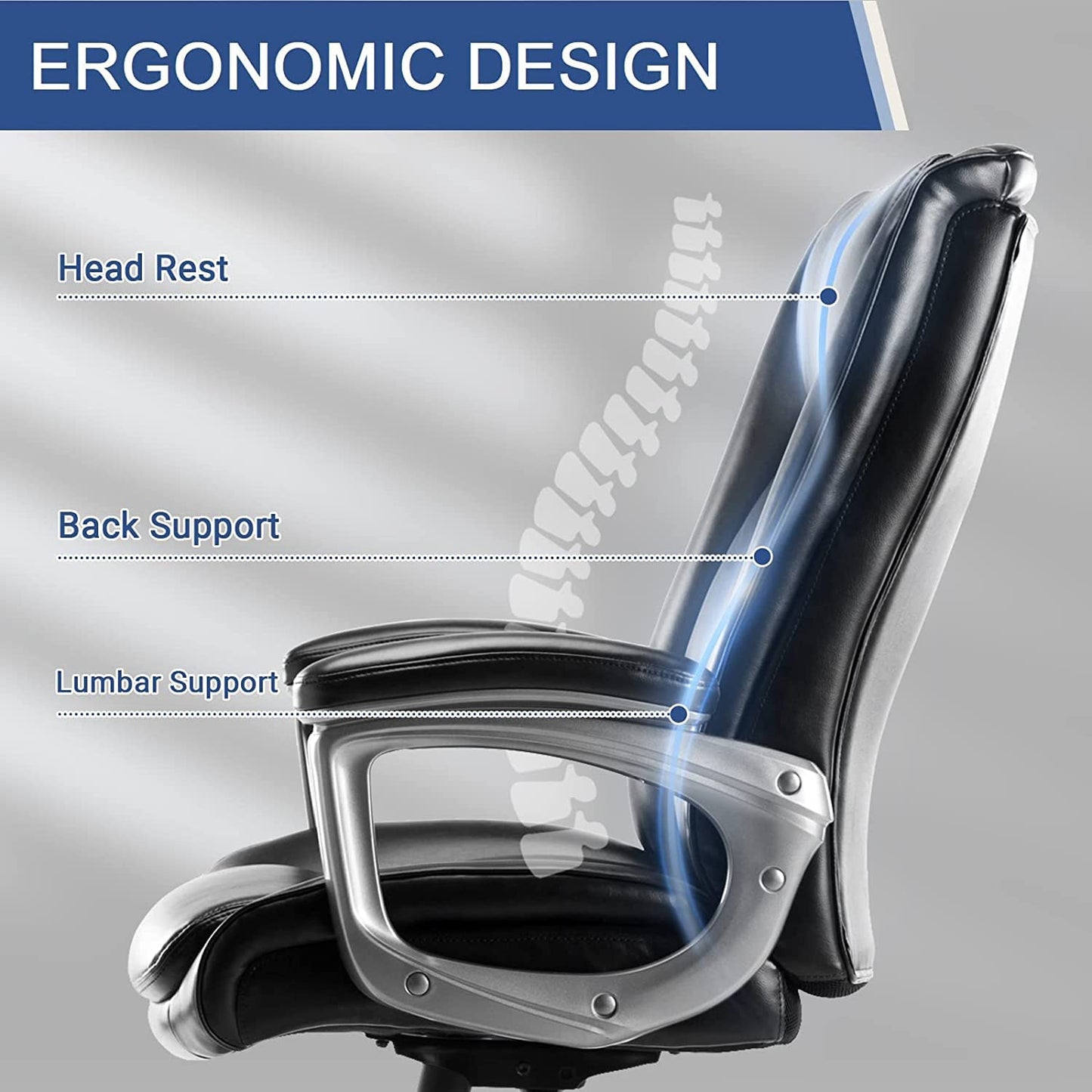 Home Office Chair Executive High Back Ergonomic Desk Chair Height Adjustable Managerial Rolling Swivel Chair with Adjustable Lumbar Support, Faux Leather, Black