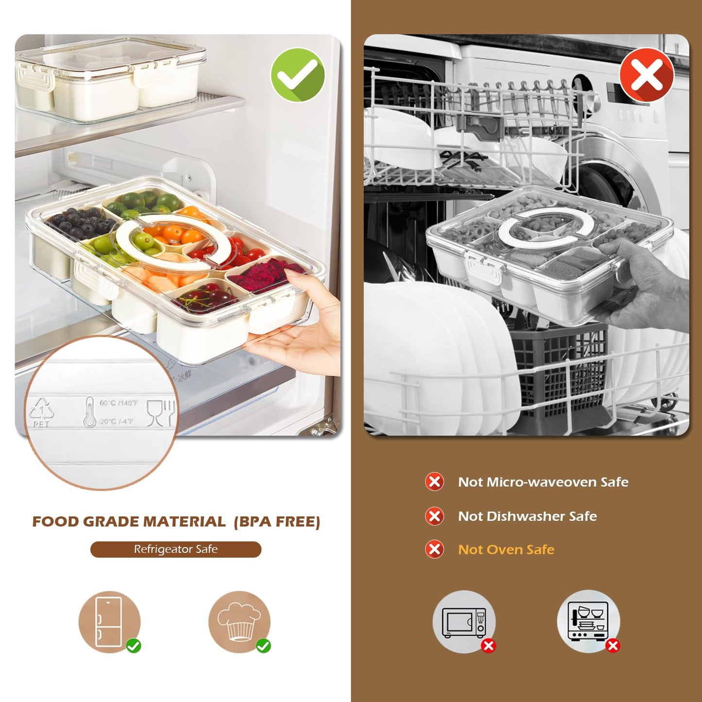 joyddo Divided Serving Tray with Lid and Handle,Snackle Box Container mit 8 Compartments Clear Serving Platters and Trays,Snack Platters for Veggie Fruits Tray, for Picnic Party Travel(with 4 Forks)