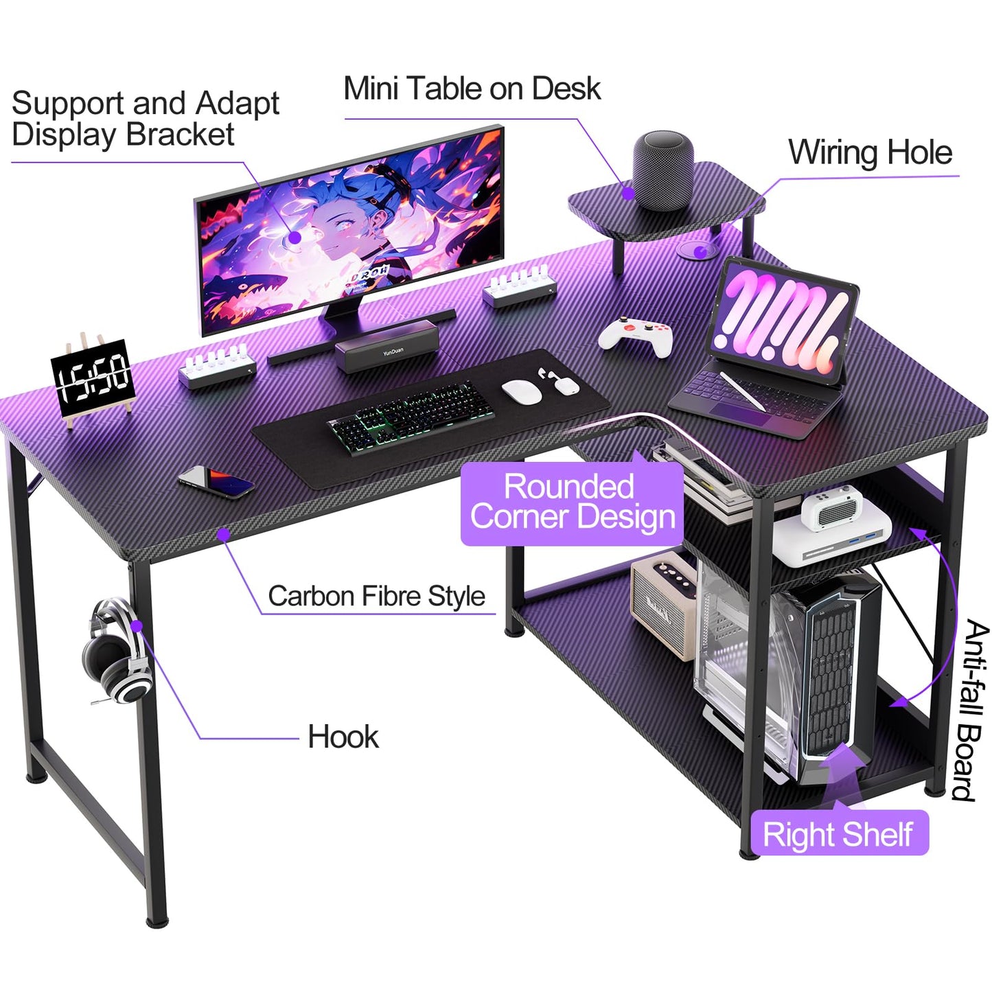 L-Shaped Gaming Desk with Adjustable Shelves