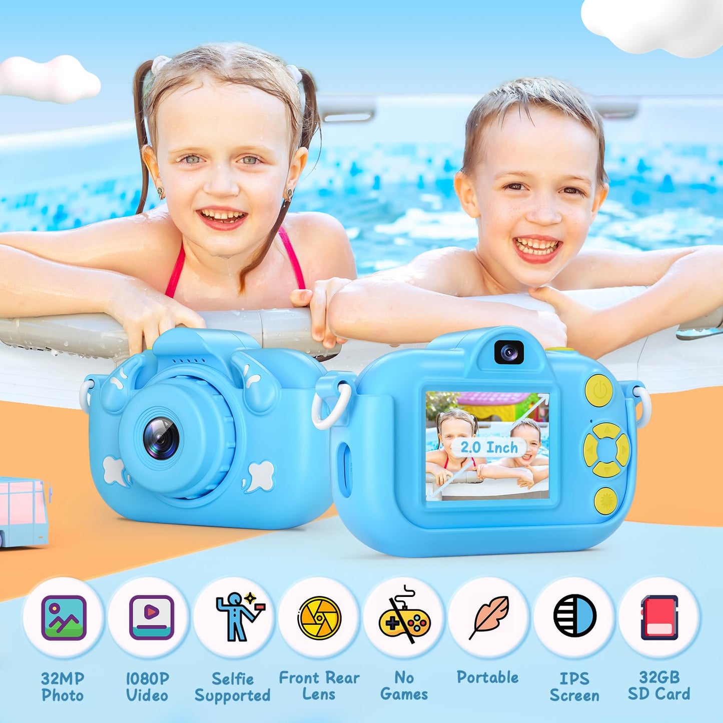 Kids Camera, HD 1080P Digital Video Camera for Boys and Girls, 32MP Kids Selfie Camera for Kids Aged 3-9, Portable Toy Toddler Camera with No Game & 32GB Card, Perfect Christmas Birthday Gifts