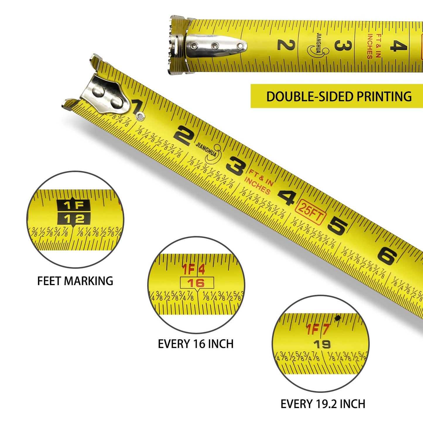 JIANGHUA Tape Measure 25FT, Retractable Measuring Tape with Fractions 1/8, Heavy-Duty Measurement Tape with Rubber Protective Casing, Both Side, Easy to Read for Construction, Carpenter, Surveyors