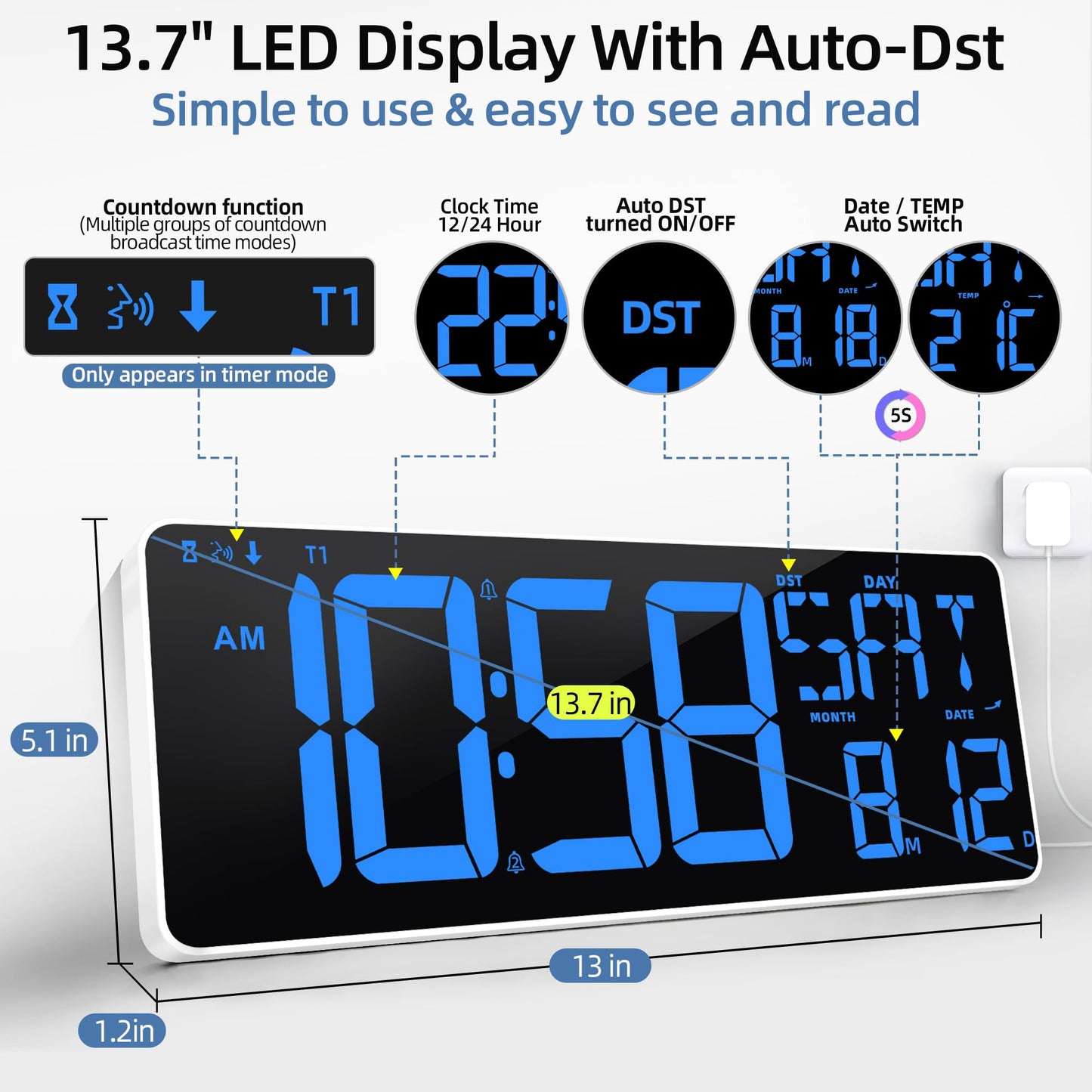 TXL 13-Inch Digital Wall Clock with Remote
