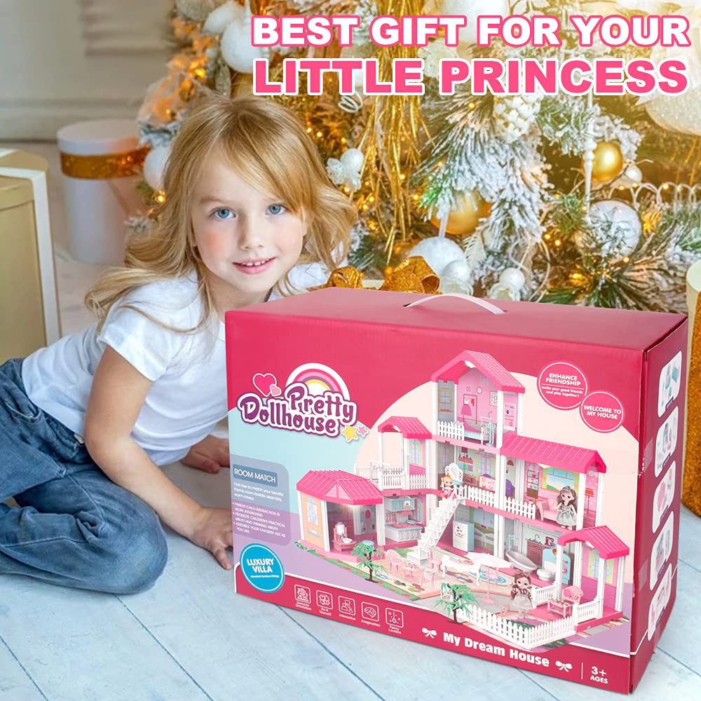 Dollhouse Building Toy Set with 5 Lights,3 Dolls& 2 Pets Princess Doll House and Furniture,Accessories,Stairway,Best STEM Pretend Play Toys for Girls Toddlers 27.7" Tall (9 Rooms)