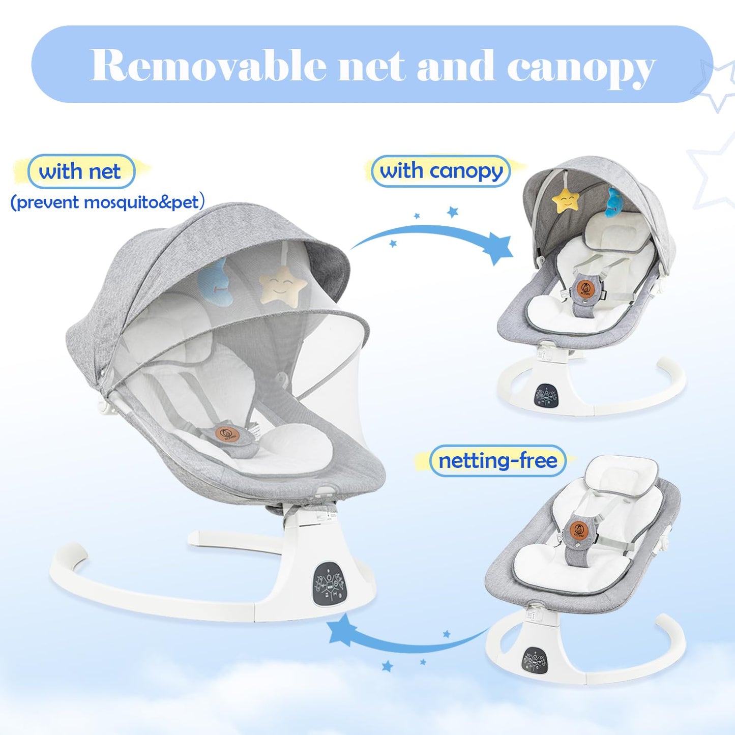Baby Swing, Baby Bouncer, Electric Rocker for Infants to Toddler, Remote Control, 5 Levels Speed, 3 Seat Positions, Breathable Mesh, Adapter/Battery Operated, Indoor & Outdoor Portable Travel Gray